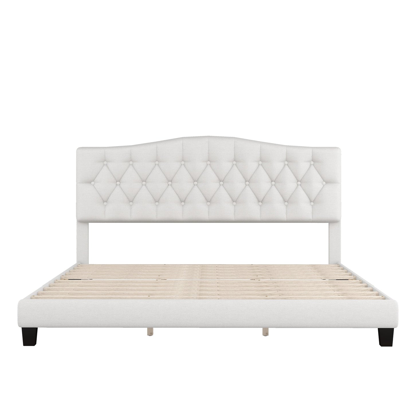Josephine Upholstered Platform Bed with Saddle Curved Headboard and Diamond Tufted Details-Beige