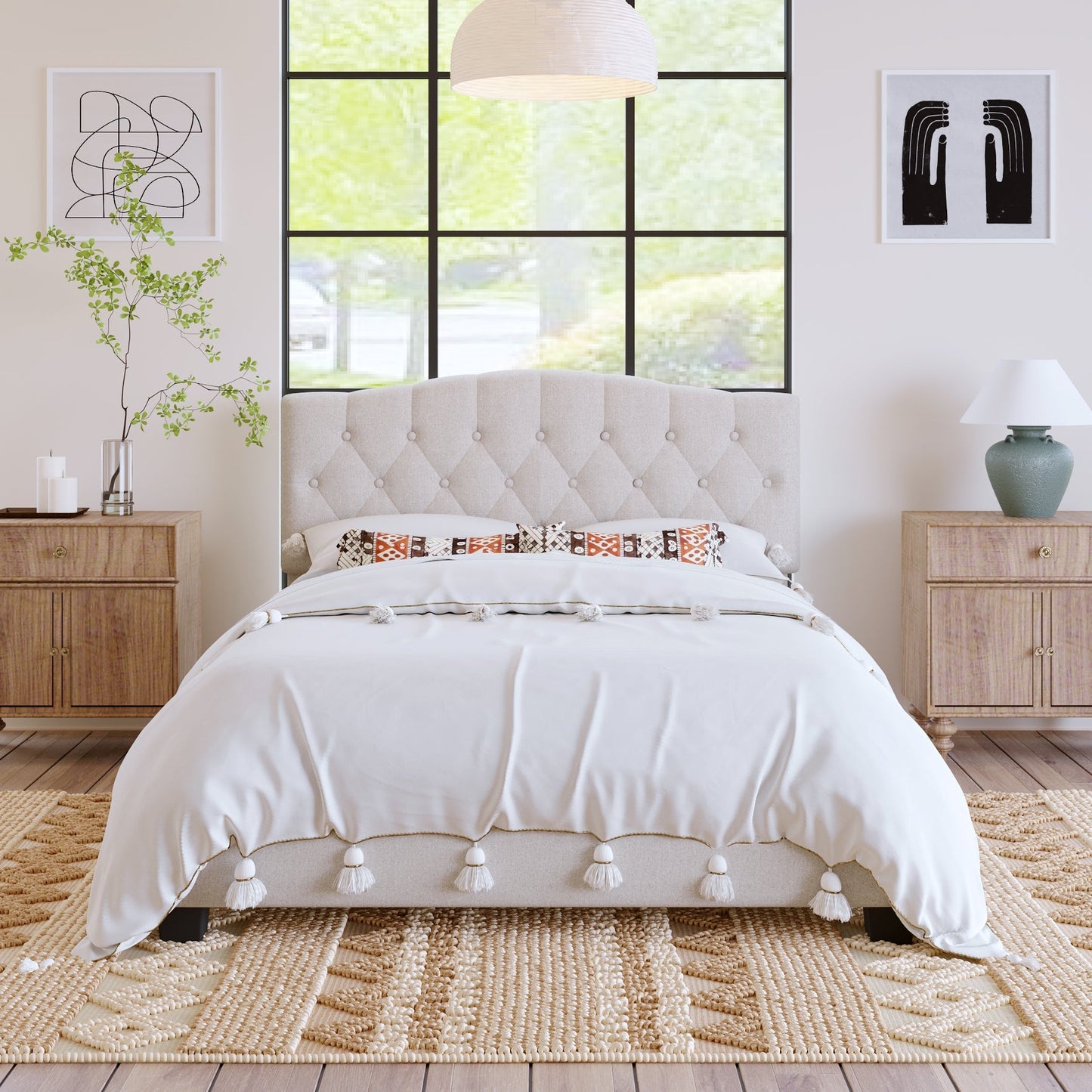 Josephine Upholstered Platform Bed with Saddle Curved Headboard and Diamond Tufted Details-Beige