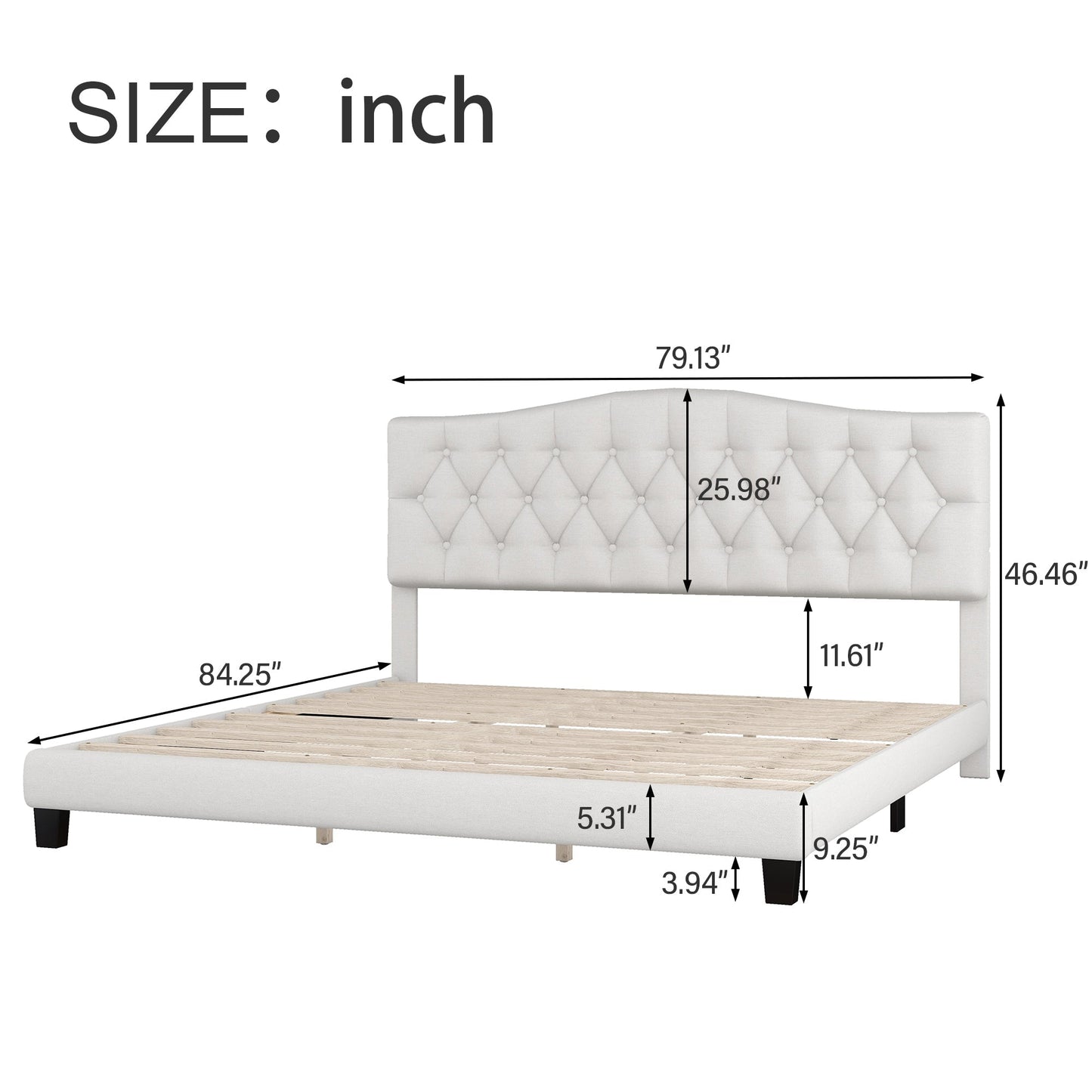 Josephine Upholstered Platform Bed with Saddle Curved Headboard and Diamond Tufted Details-Beige