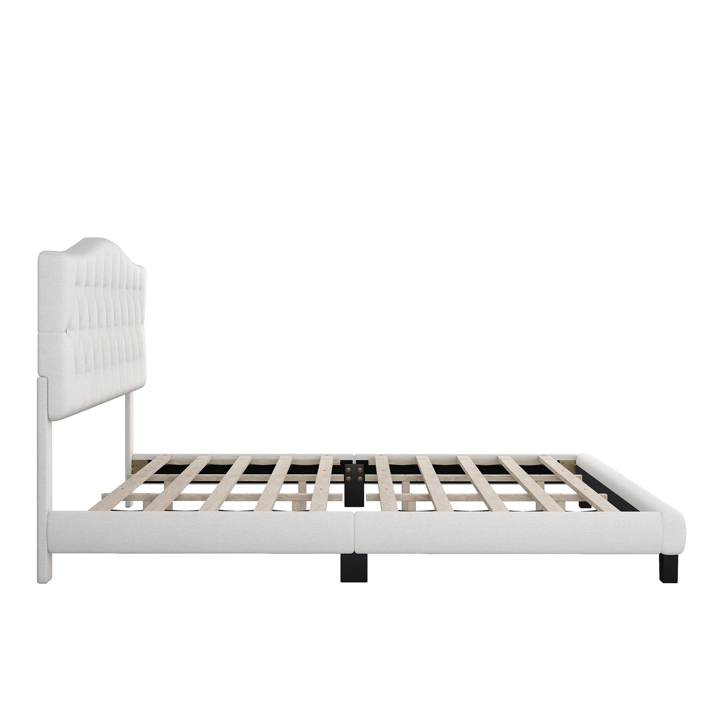 Josephine Upholstered Platform Bed with Saddle Curved Headboard and Diamond Tufted Details-Beige