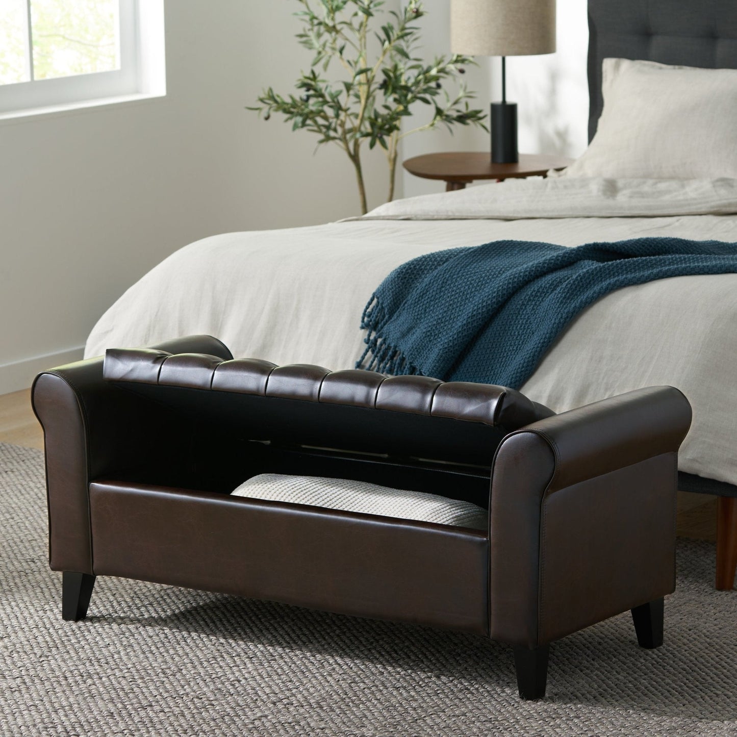 Journey Upholstered Bench with Storage, Diamond Tufted Seat and Flared Arm