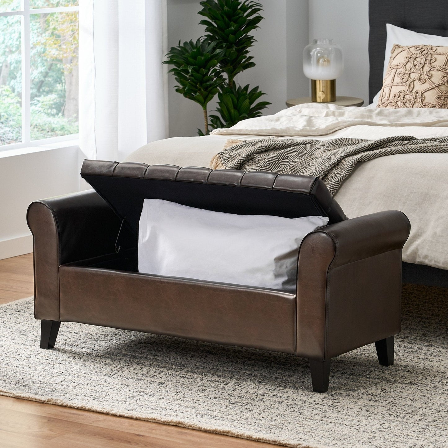 Journey Upholstered Bench with Storage, Diamond Tufted Seat and Flared Arm