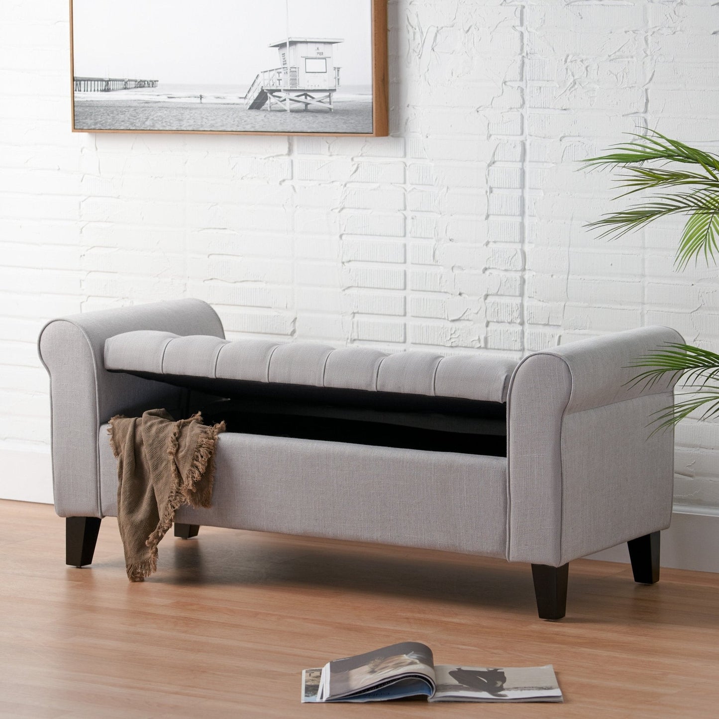 Journey Upholstered Bench with Storage, Diamond Tufted Seat and Flared Arm