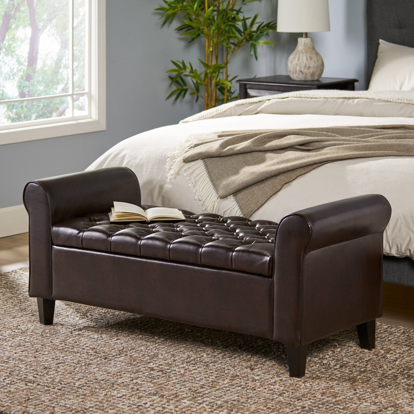 Journey Upholstered Bench with Storage, Diamond Tufted Seat and Flared Arm