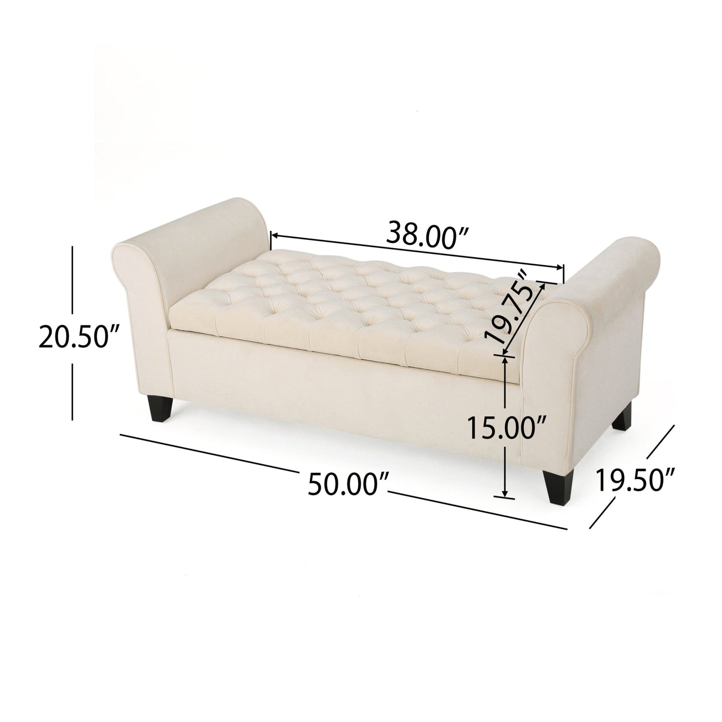 Journey Upholstered Bench with Storage, Diamond Tufted Seat and Flared Arm