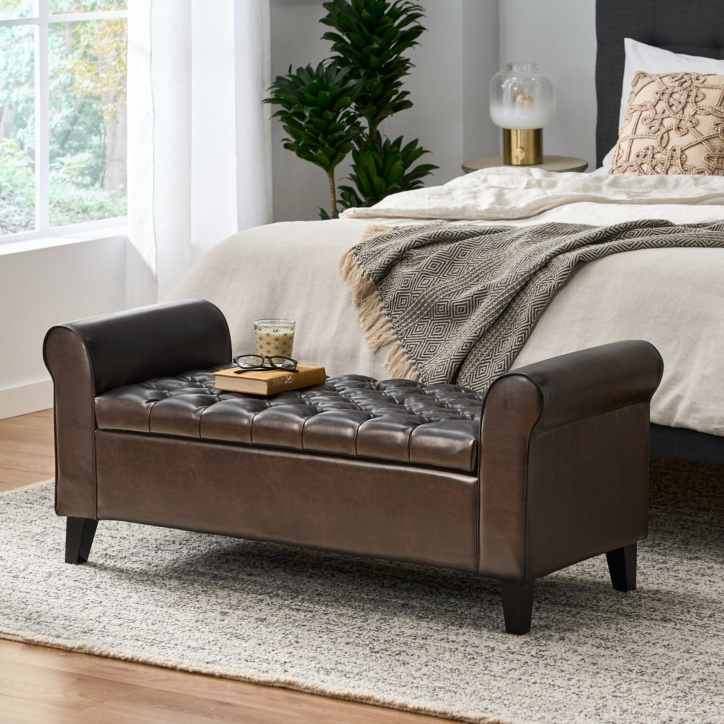 Journey Upholstered Bench with Storage, Diamond Tufted Seat and Flared Arm