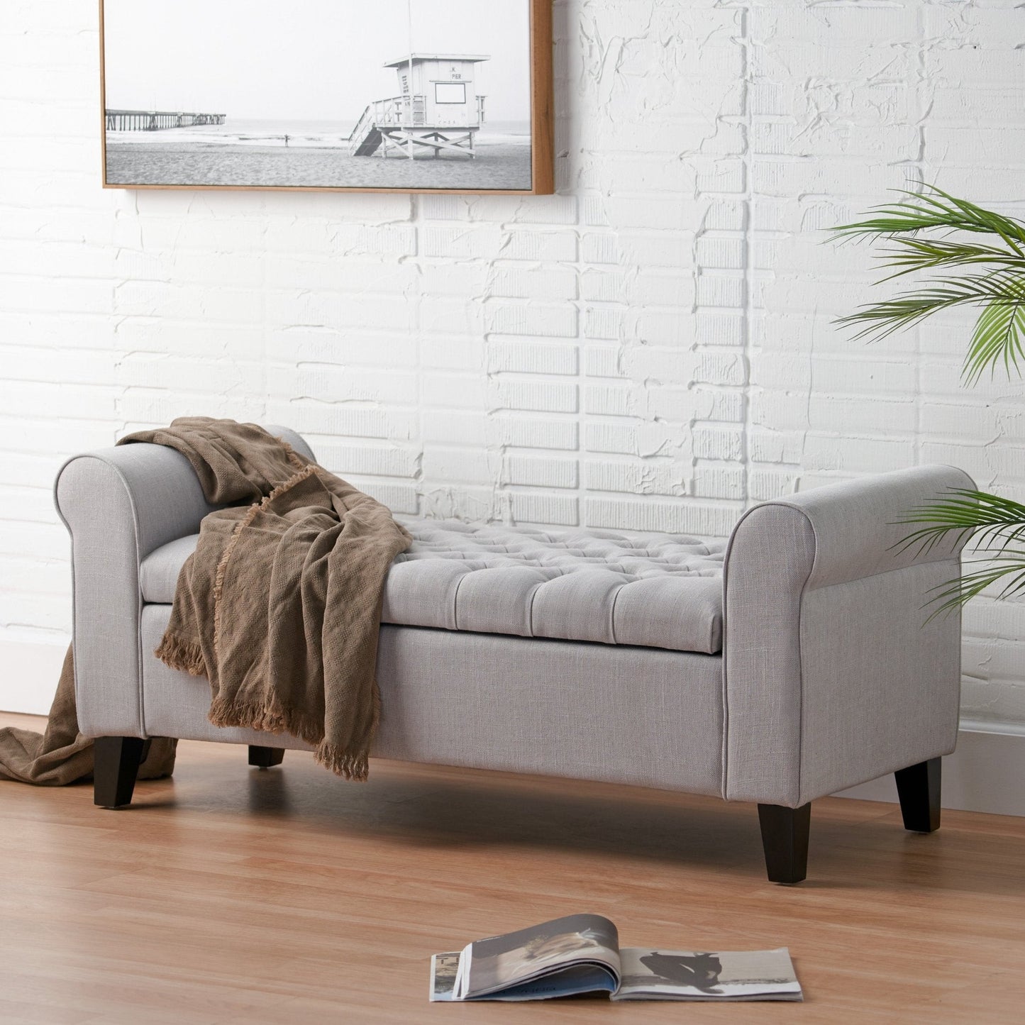 Journey Upholstered Bench with Storage, Diamond Tufted Seat and Flared Arm