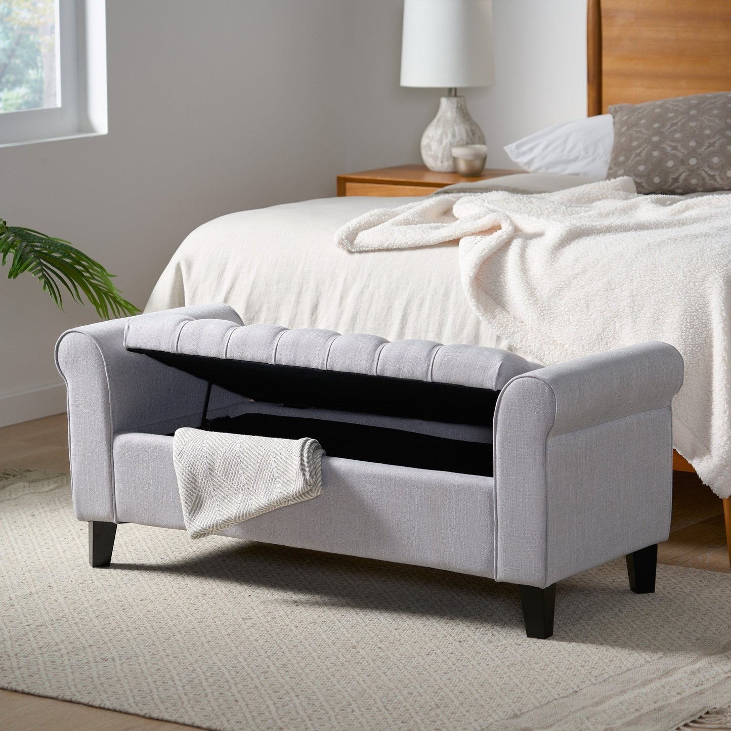 Journey Upholstered Bench with Storage, Diamond Tufted Seat and Flared Arm