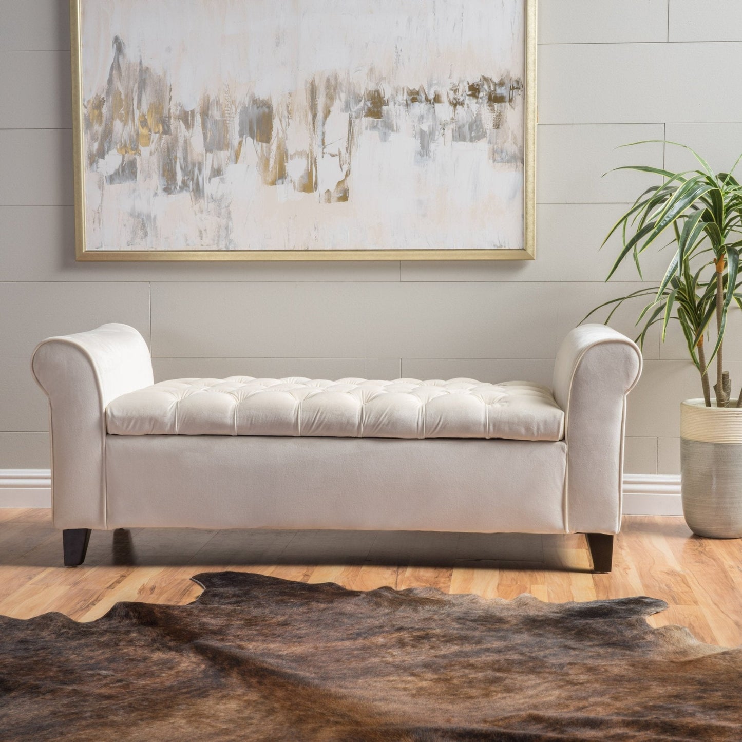 Journey Upholstered Bench with Storage, Diamond Tufted Seat and Flared Arm