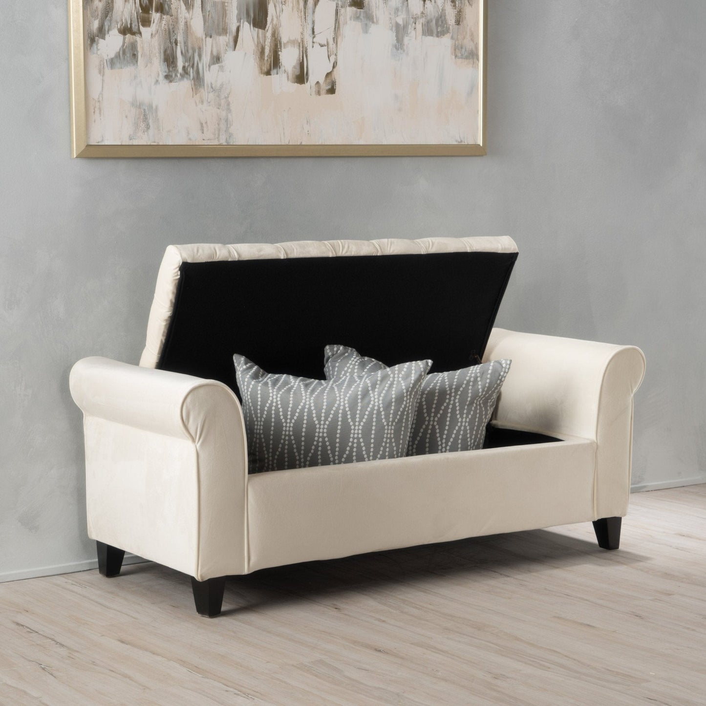 Journey Upholstered Bench with Storage, Diamond Tufted Seat and Flared Arm