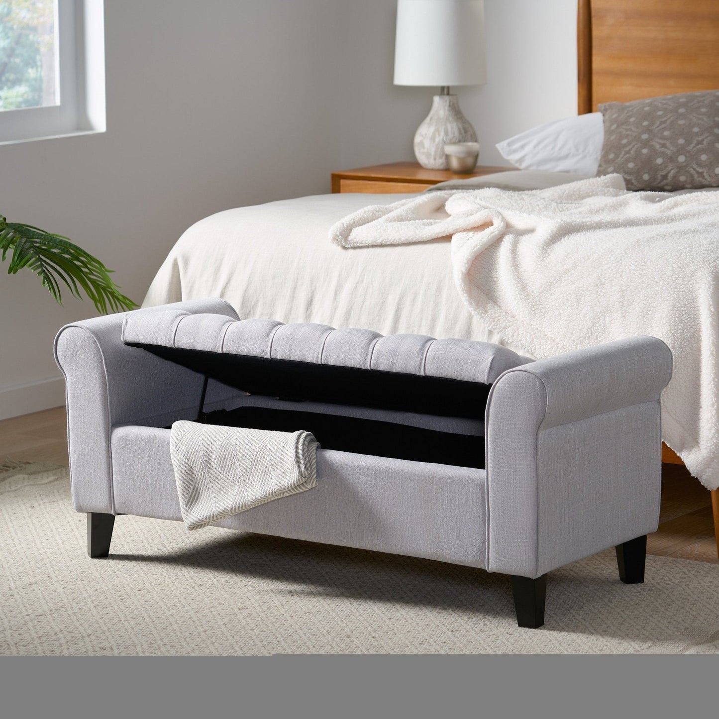 Journey Upholstered Bench with Storage, Diamond Tufted Seat and Flared Arm
