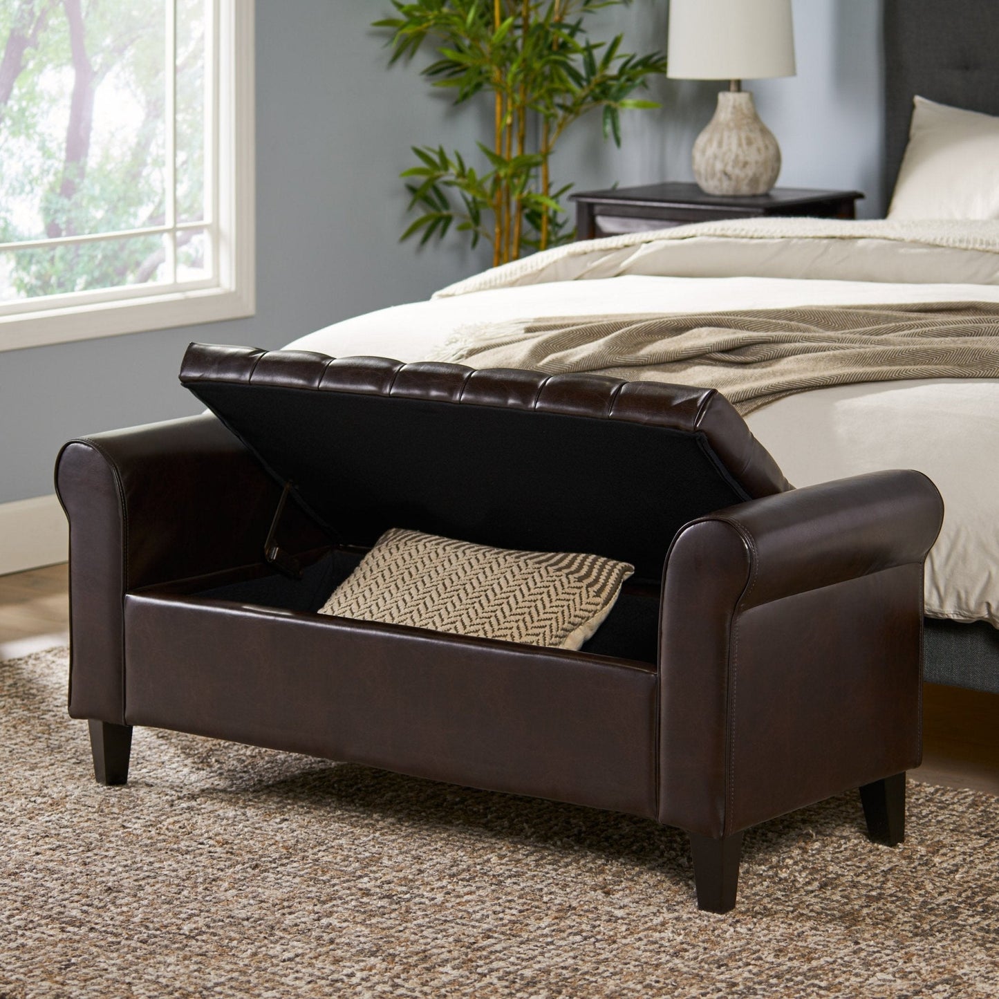 Journey Upholstered Bench with Storage, Diamond Tufted Seat and Flared Arm