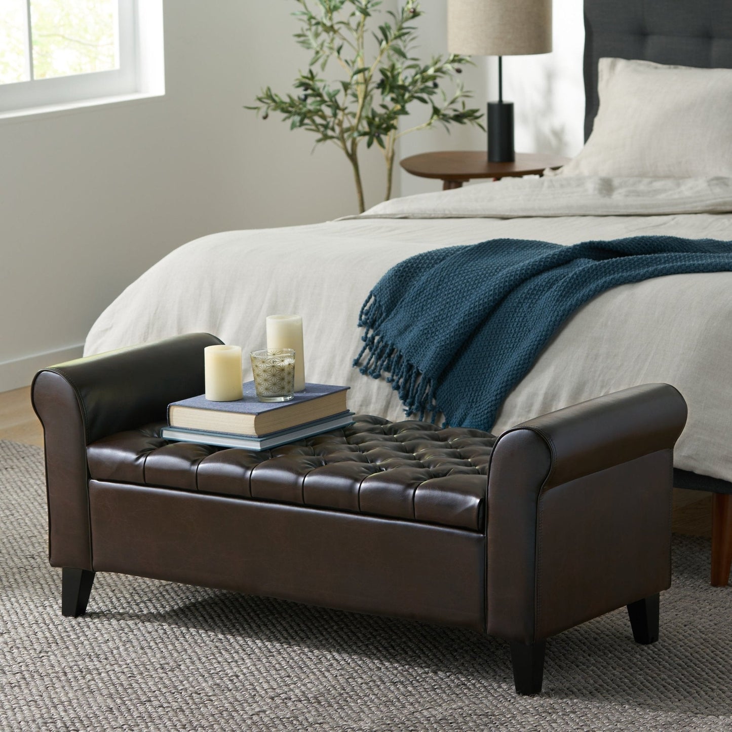 Journey Upholstered Bench with Storage, Diamond Tufted Seat and Flared Arm