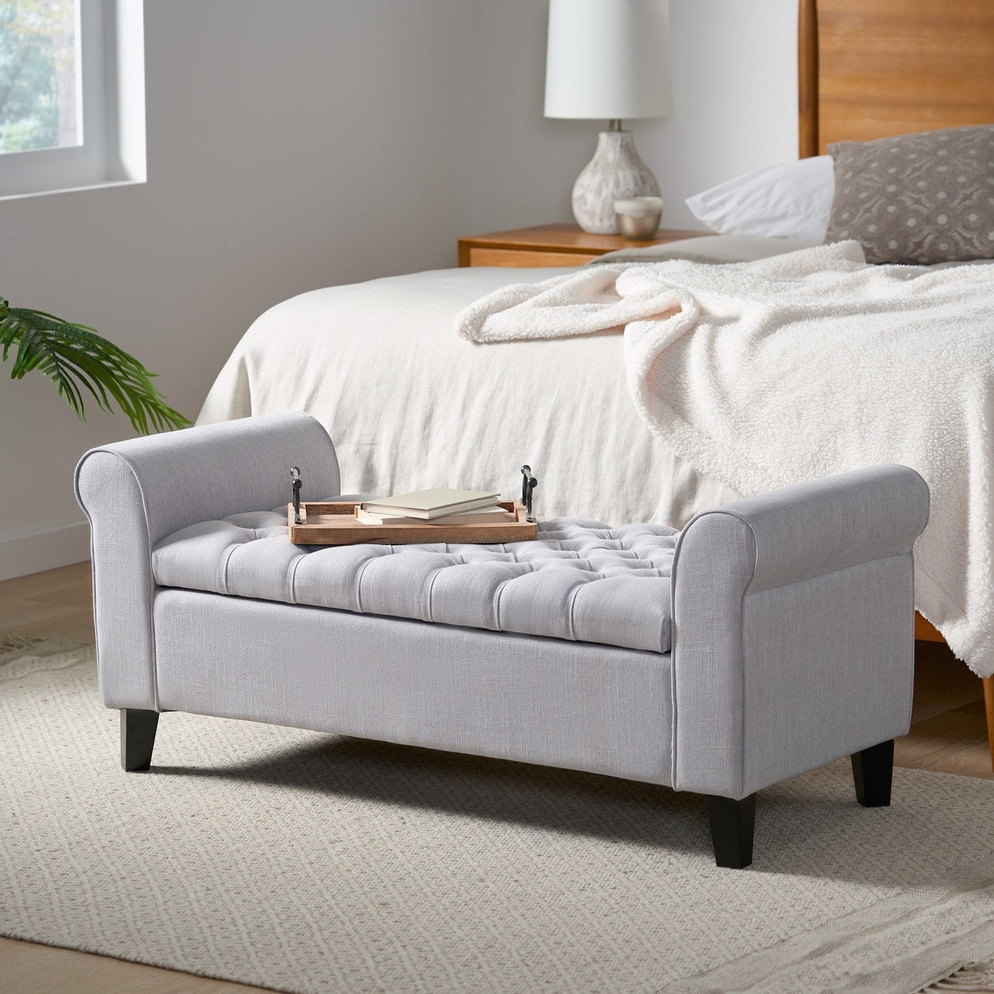 Journey Upholstered Bench with Storage, Diamond Tufted Seat and Flared Arm