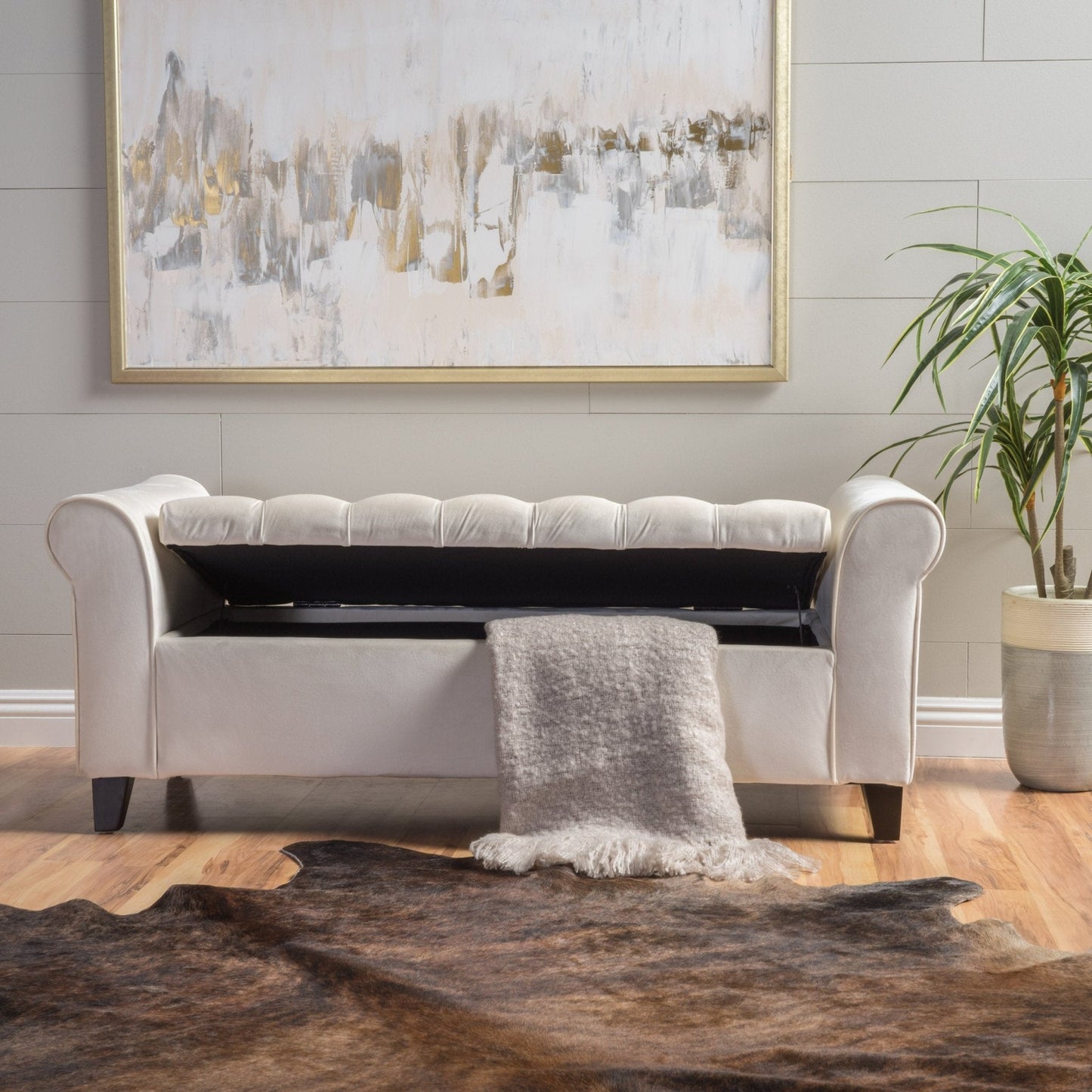 Journey Upholstered Bench with Storage, Diamond Tufted Seat and Flared Arm