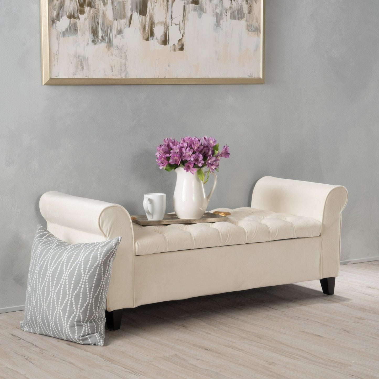 Journey Upholstered Bench with Storage, Diamond Tufted Seat and Flared Arm