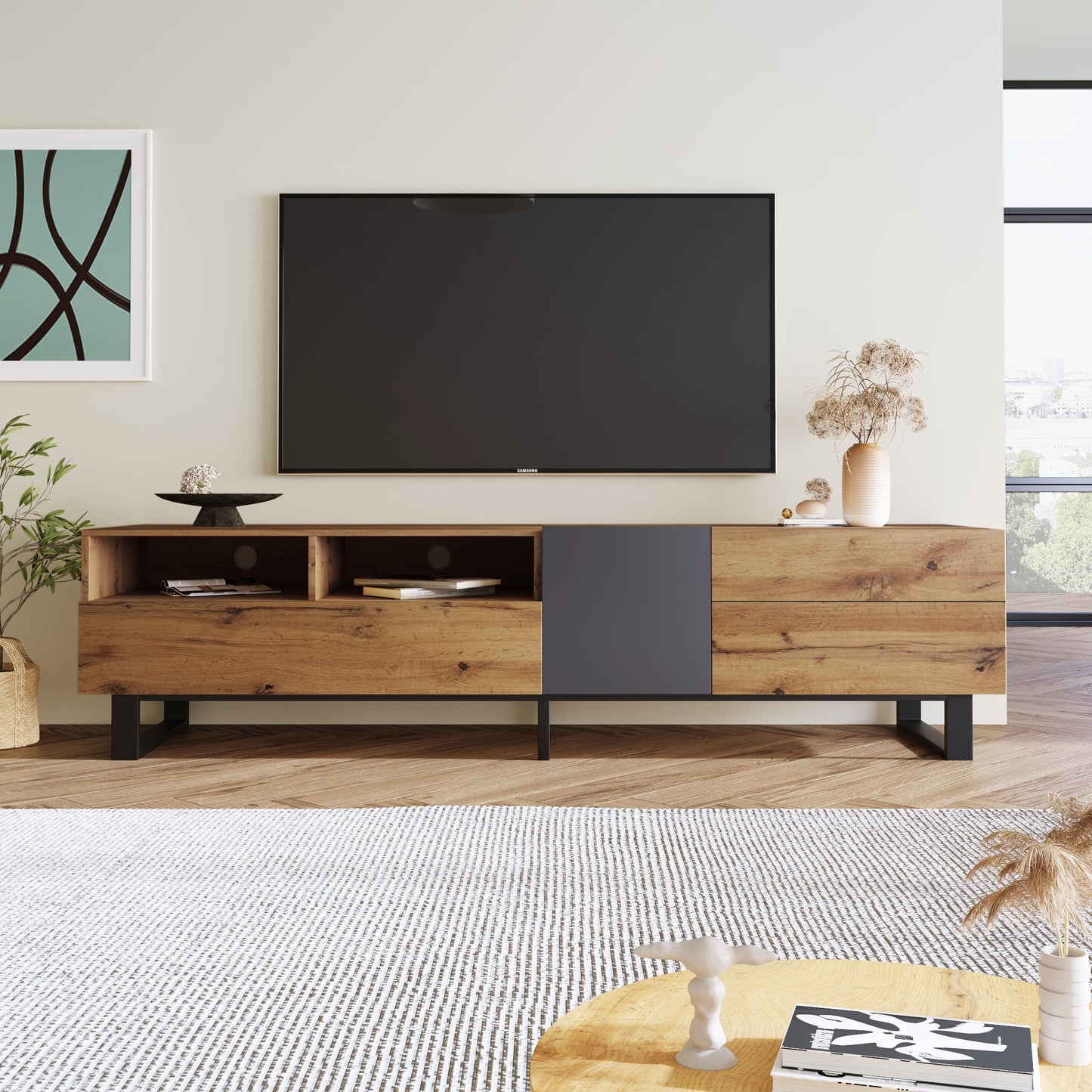 Jubilance Modern TV Stand for 80'' TV with Double Storage Space