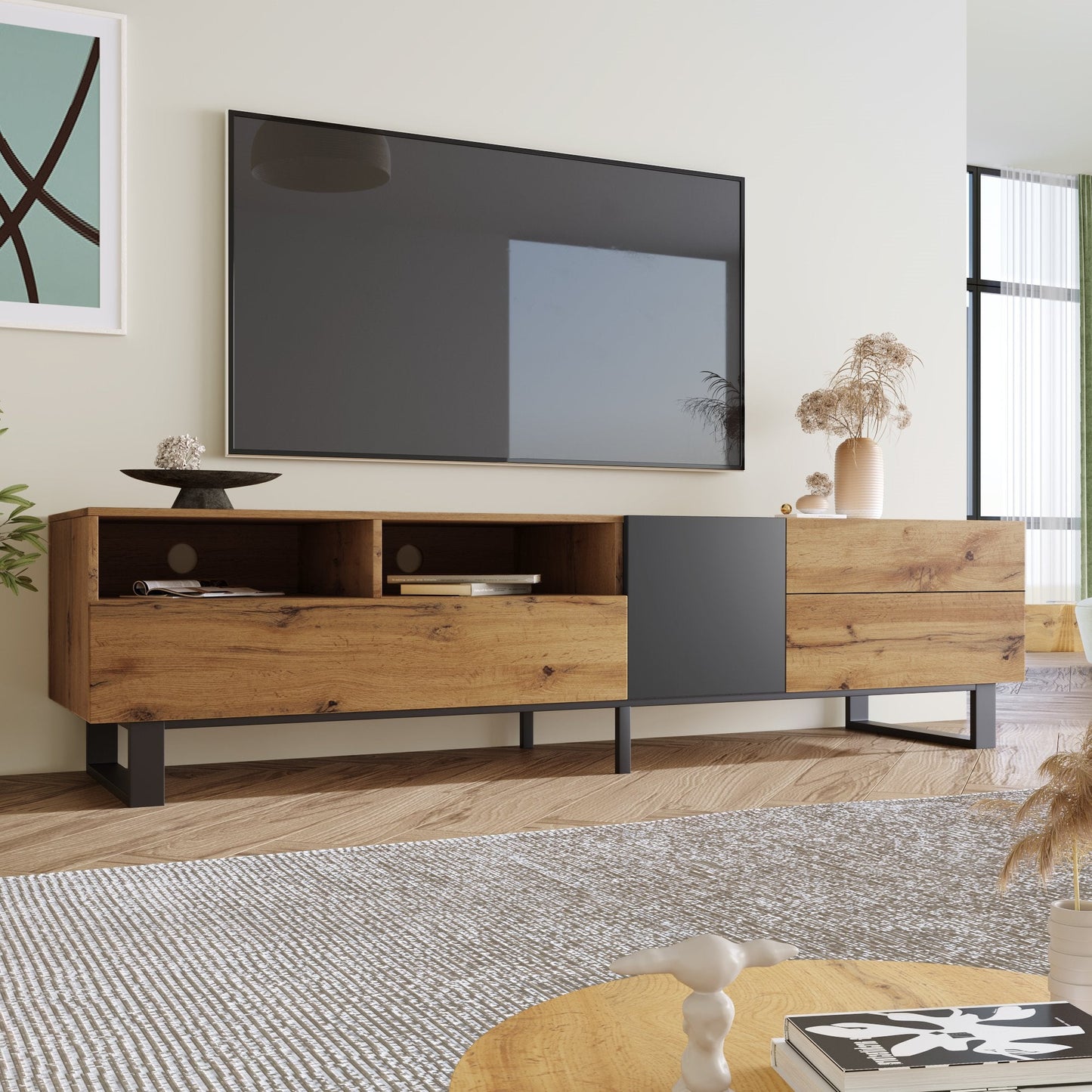 Jubilance Modern TV Stand for 80'' TV with Double Storage Space