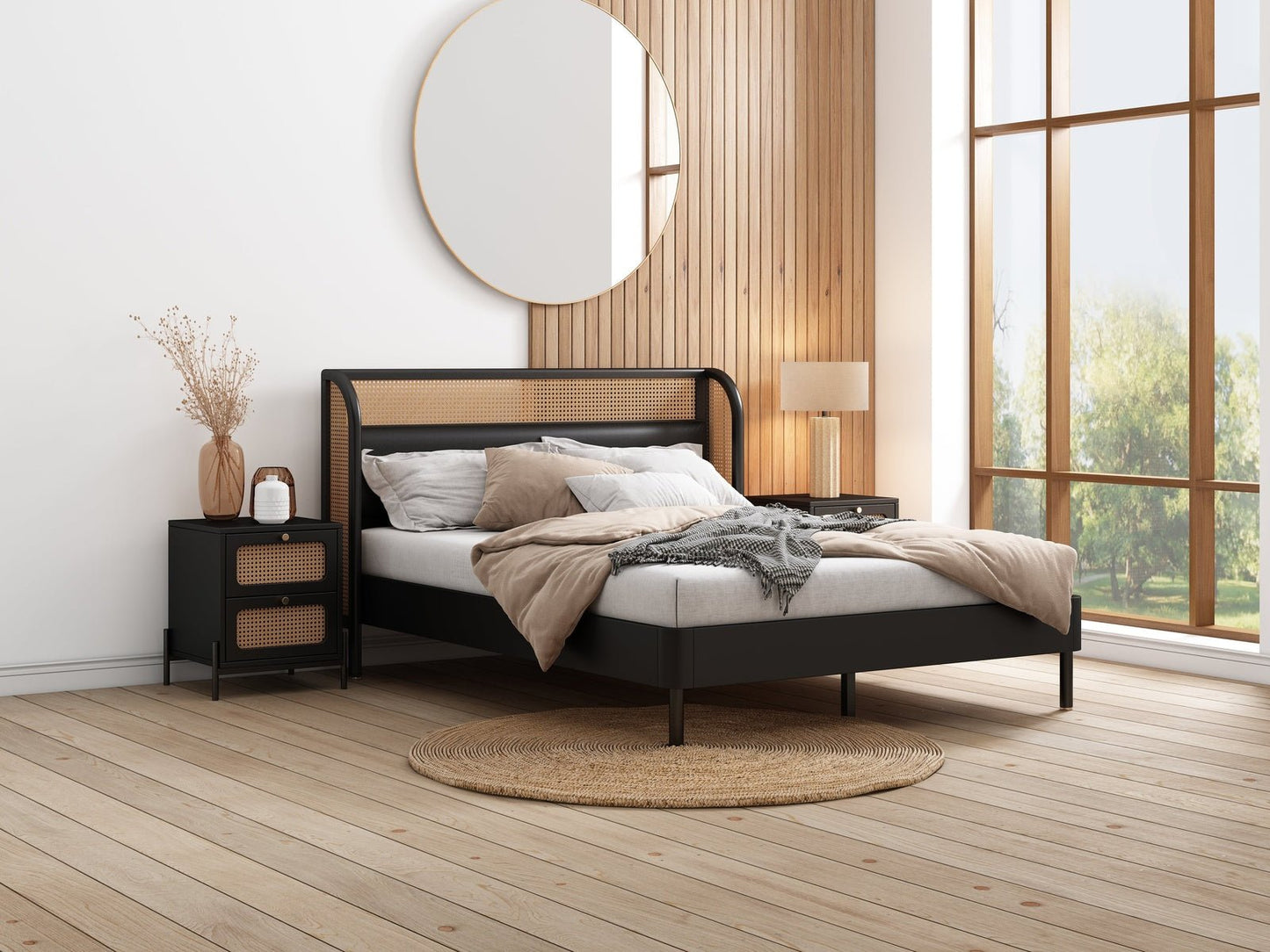 Kyle Black and Natural 3 Piece Bedroom Set with Platform Queen Bed and 2 Nightstands