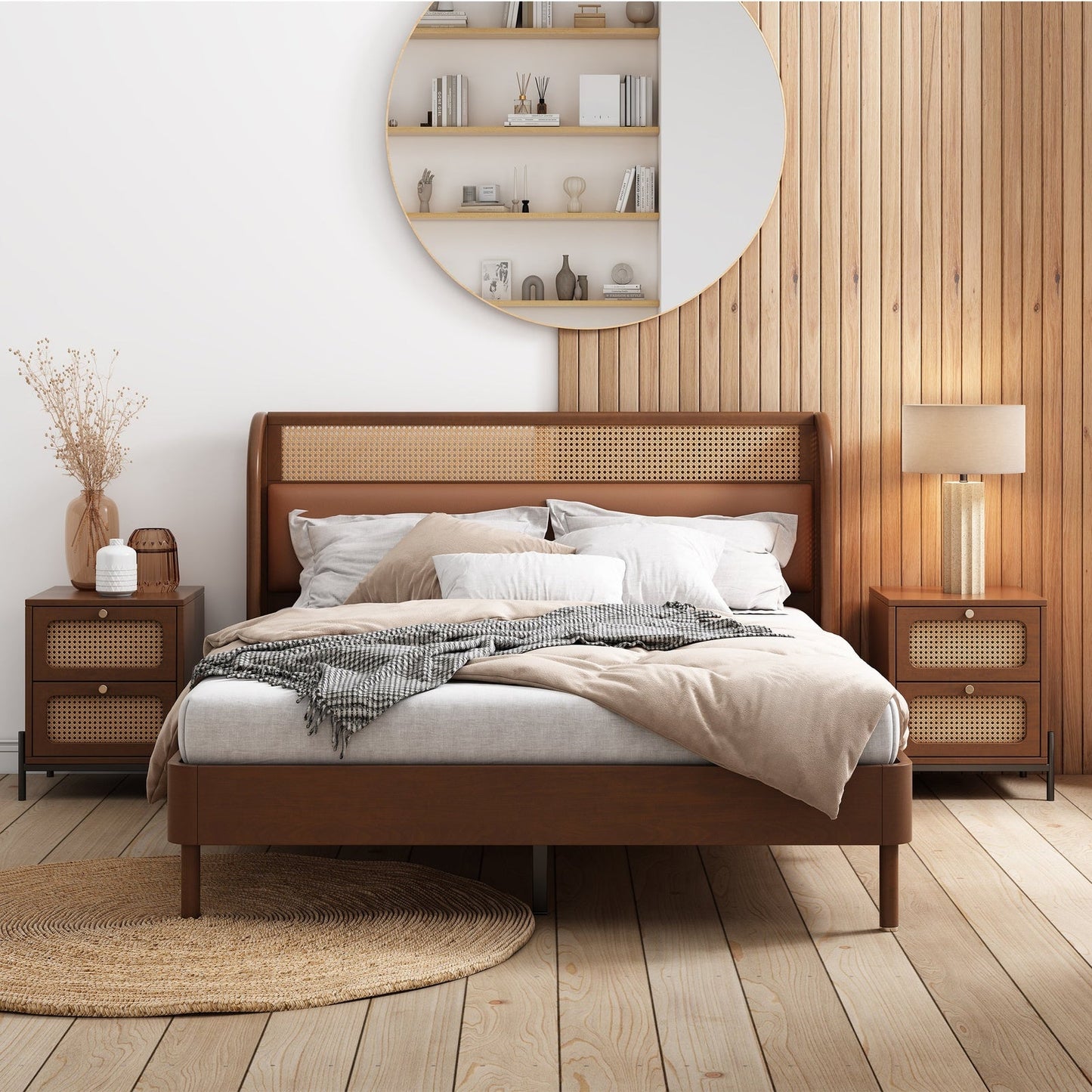 Kyle Black and Natural 3 Piece Bedroom Set with Platform Queen Bed and 2 Nightstands
