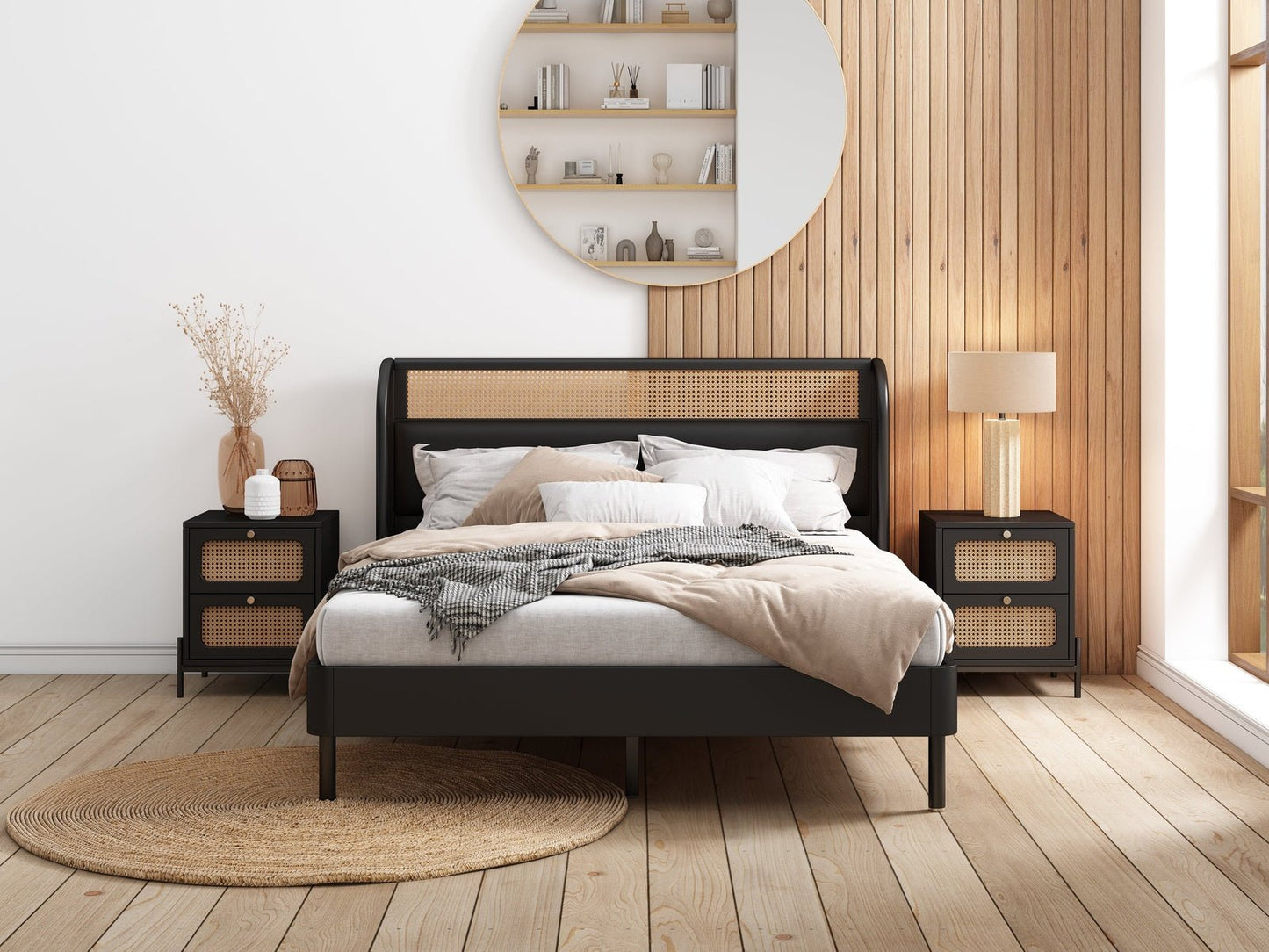 Kyle Black and Natural 3 Piece Bedroom Set with Platform Queen Bed and 2 Nightstands