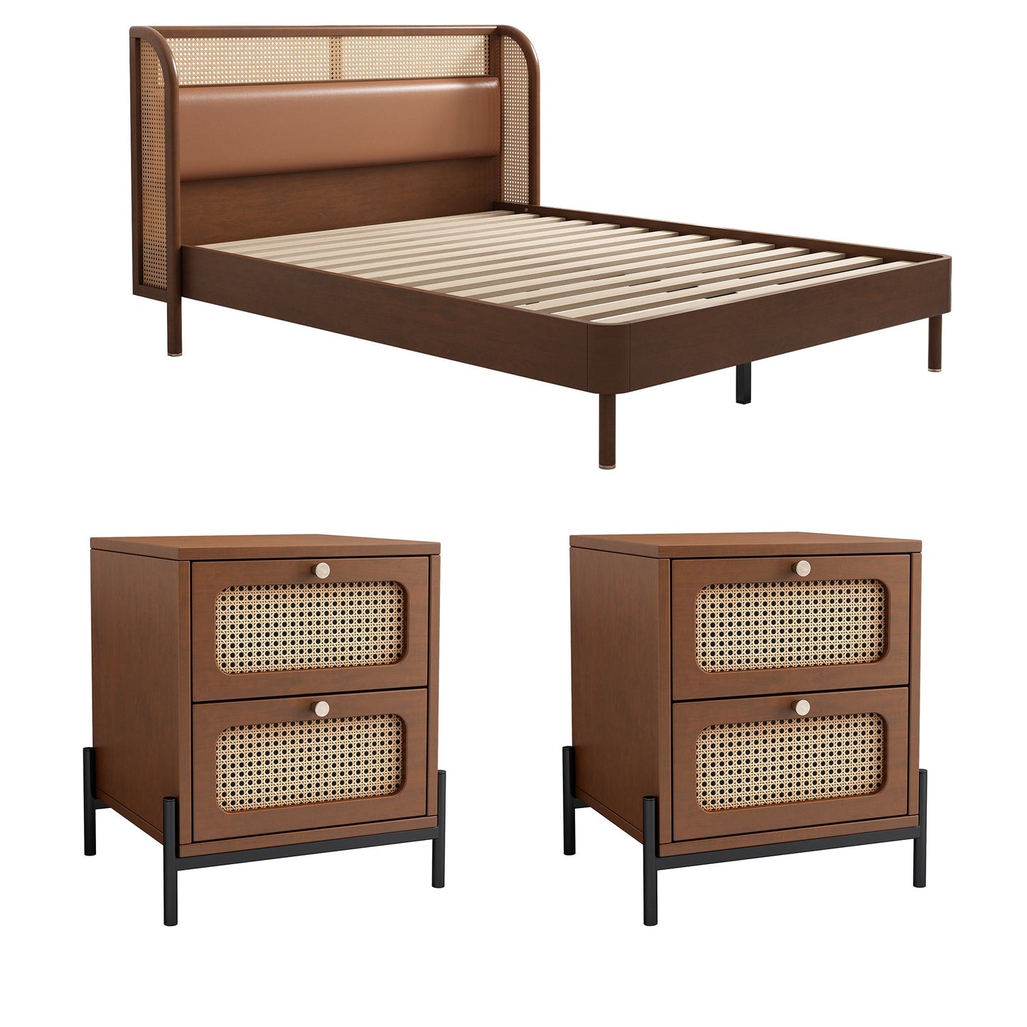 Kyle Black and Natural 3 Piece Bedroom Set with Platform Queen Bed and 2 Nightstands