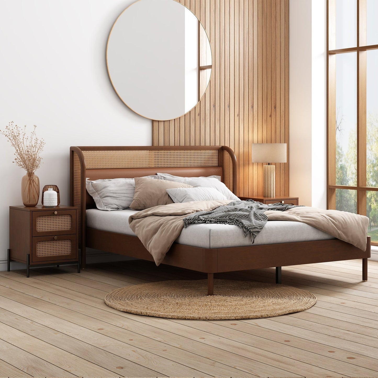 Kyle Black and Natural 3 Piece Bedroom Set with Platform Queen Bed and 2 Nightstands