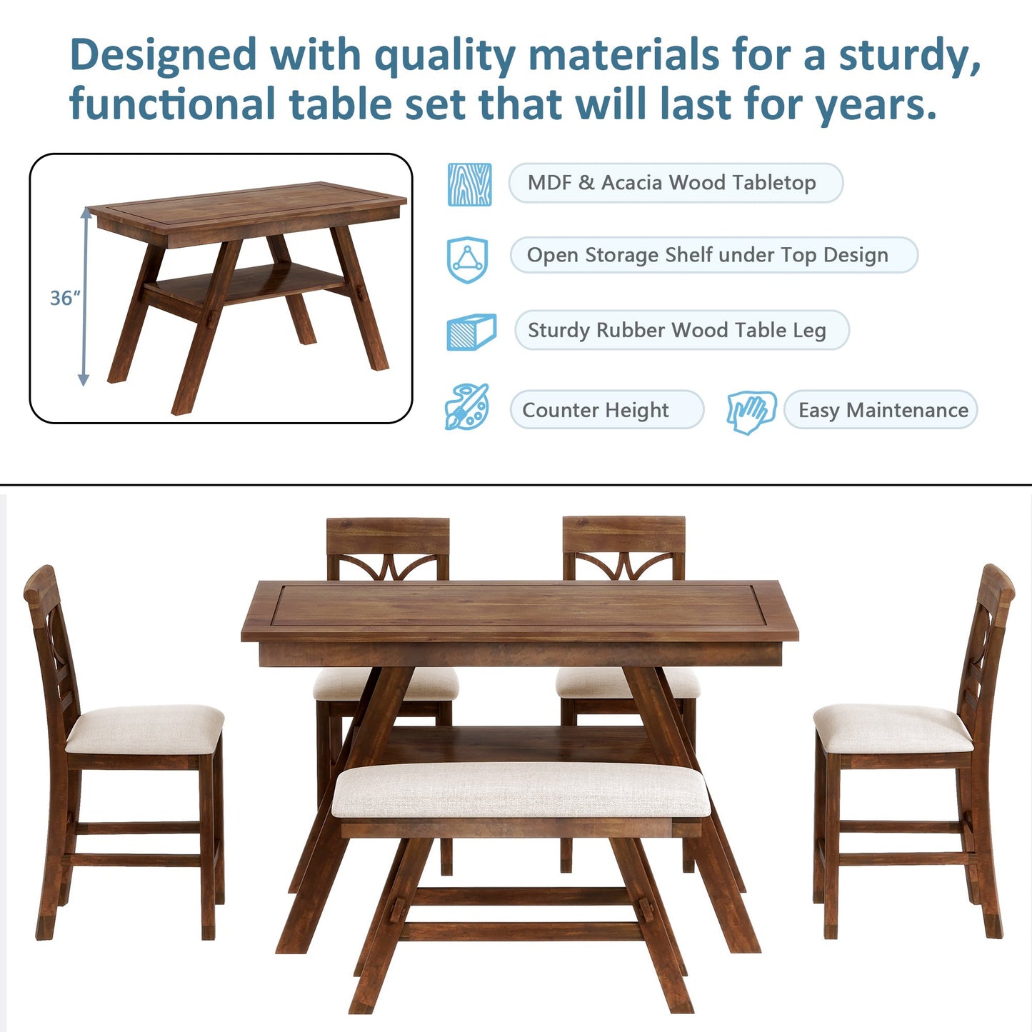 Lauren 6 Piece Counter Height Dining Table Set with Storage Shelf, 4 Chairs and Bench