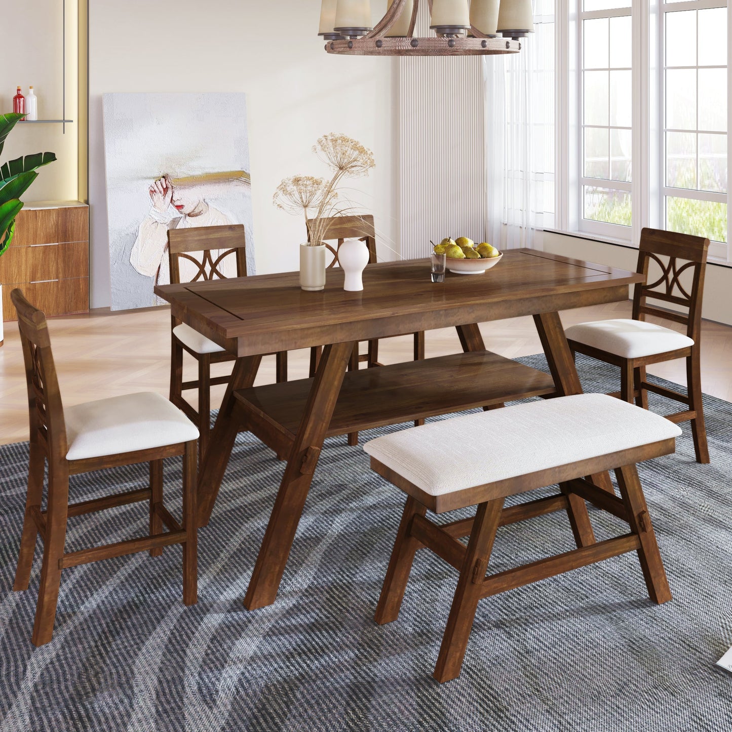 Lauren 6 Piece Counter Height Dining Table Set with Storage Shelf, 4 Chairs and Bench