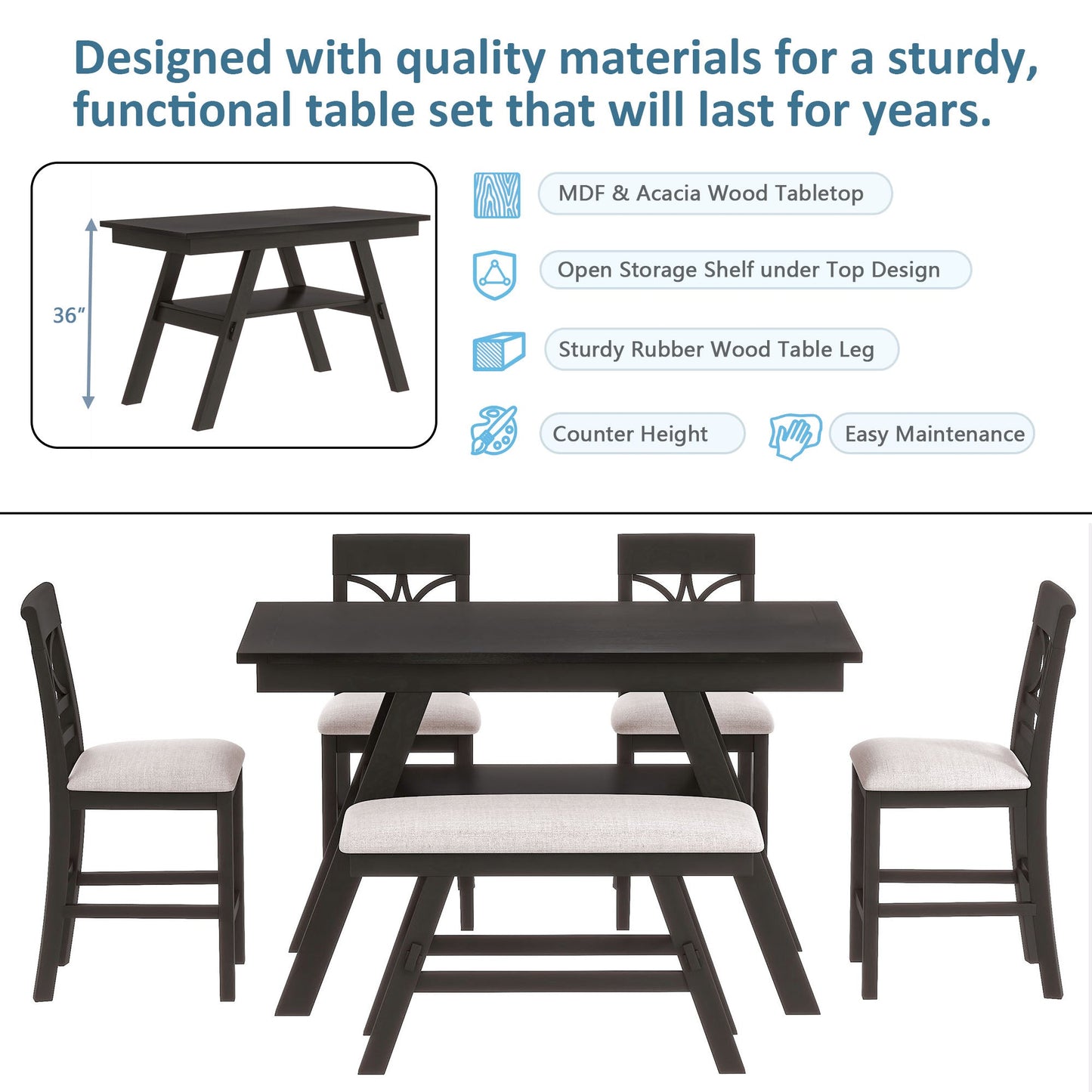 Lauren 6 Piece Counter Height Dining Table Set with Storage Shelf, 4 Chairs and Bench