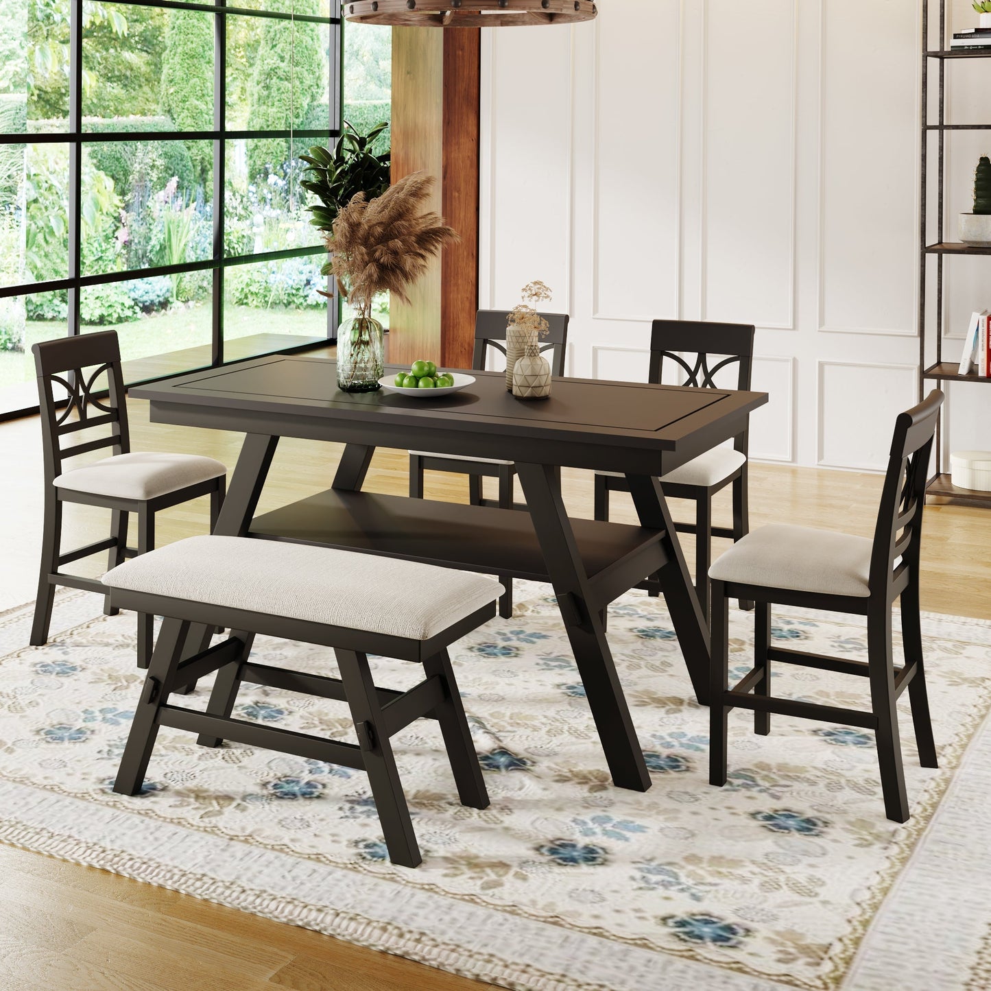 Lauren 6 Piece Counter Height Dining Table Set with Storage Shelf, 4 Chairs and Bench