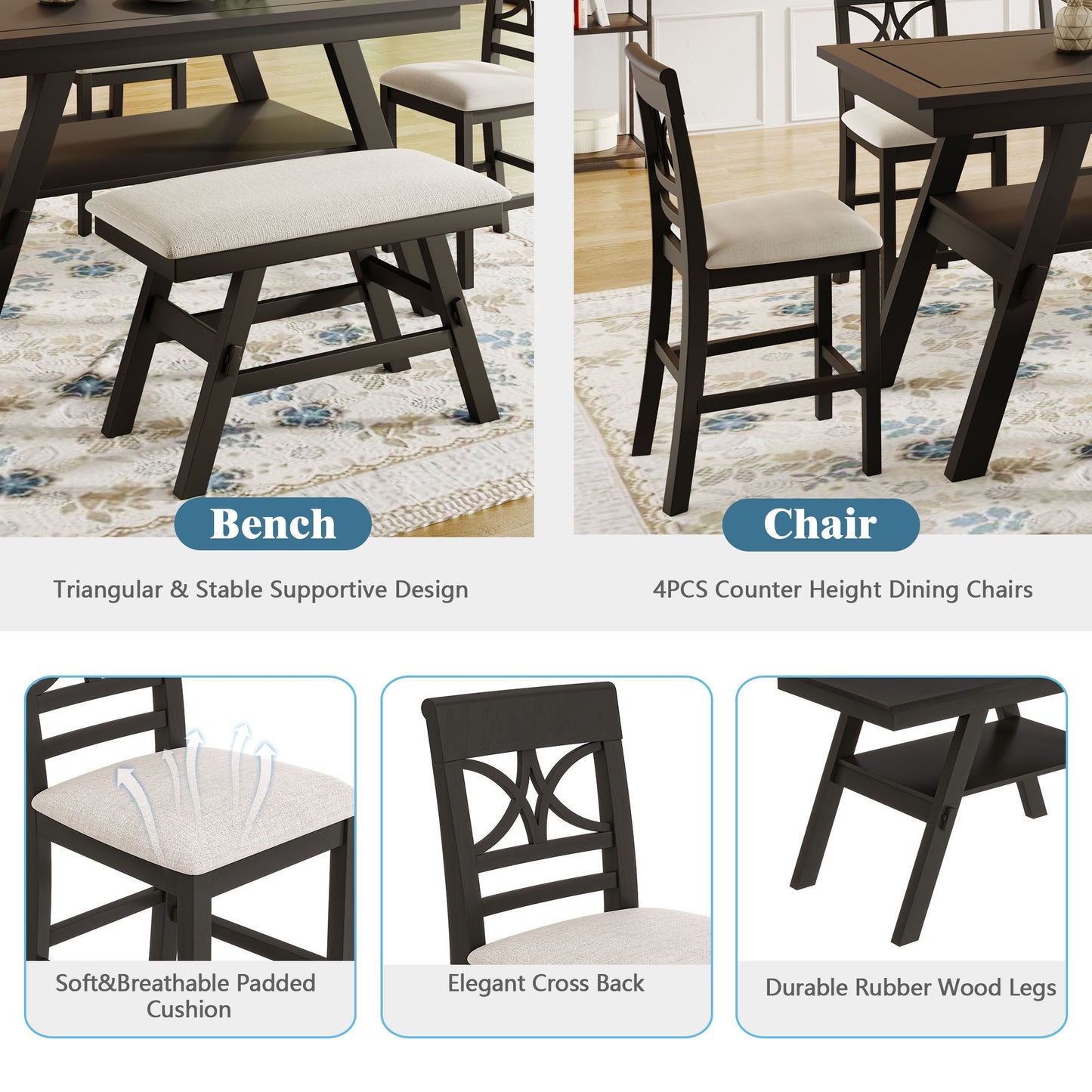 Lauren 6 Piece Counter Height Dining Table Set with Storage Shelf, 4 Chairs and Bench