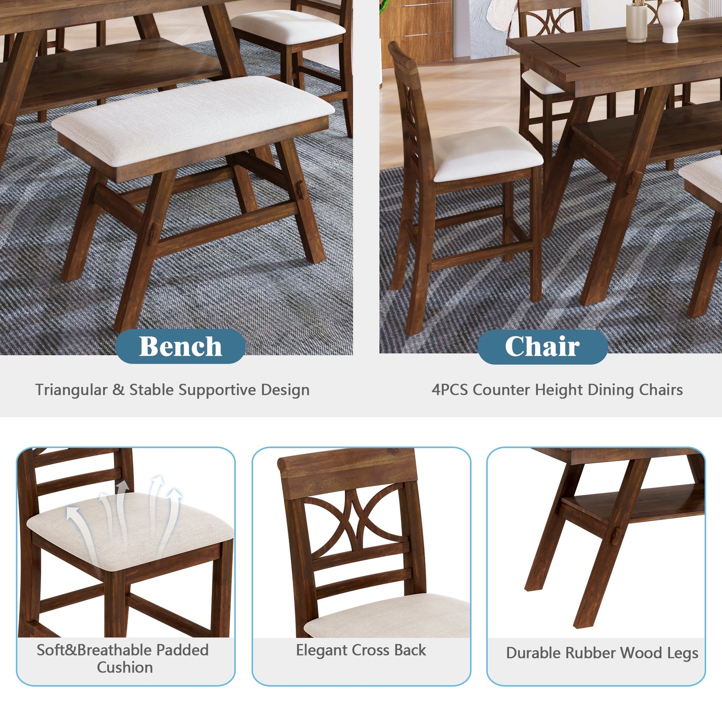 Lauren 6 Piece Counter Height Dining Table Set with Storage Shelf, 4 Chairs and Bench