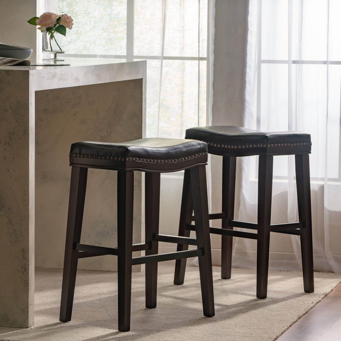 Leather Upholstered Saddle Bar Stool with Nailhead Trim