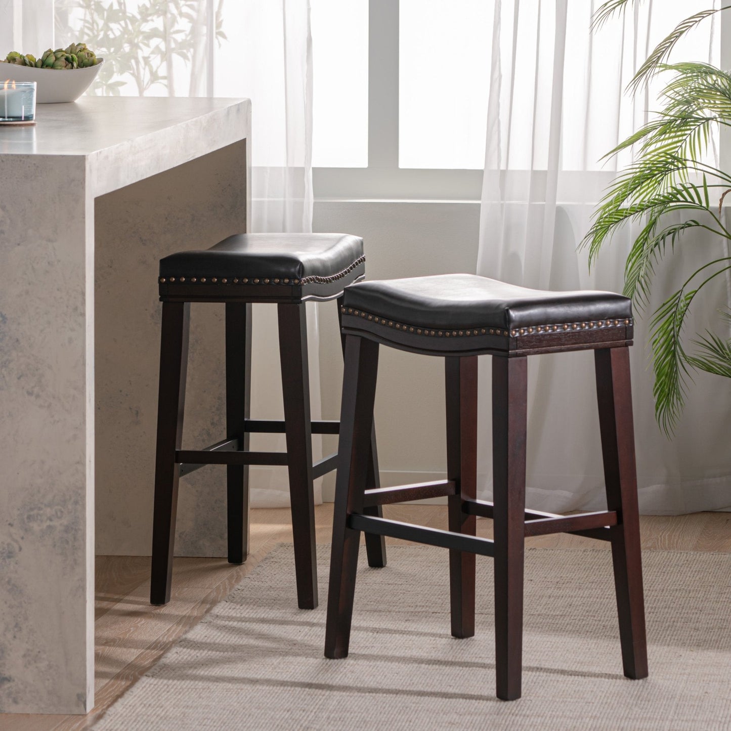 Leather Upholstered Saddle Bar Stool with Nailhead Trim