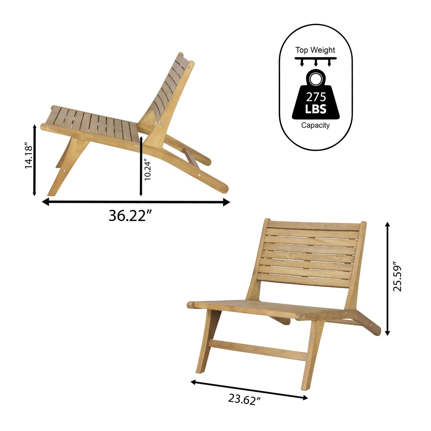 Leo Mid-Century Modern Wood Armless Outdoor Patio Chair, Natural