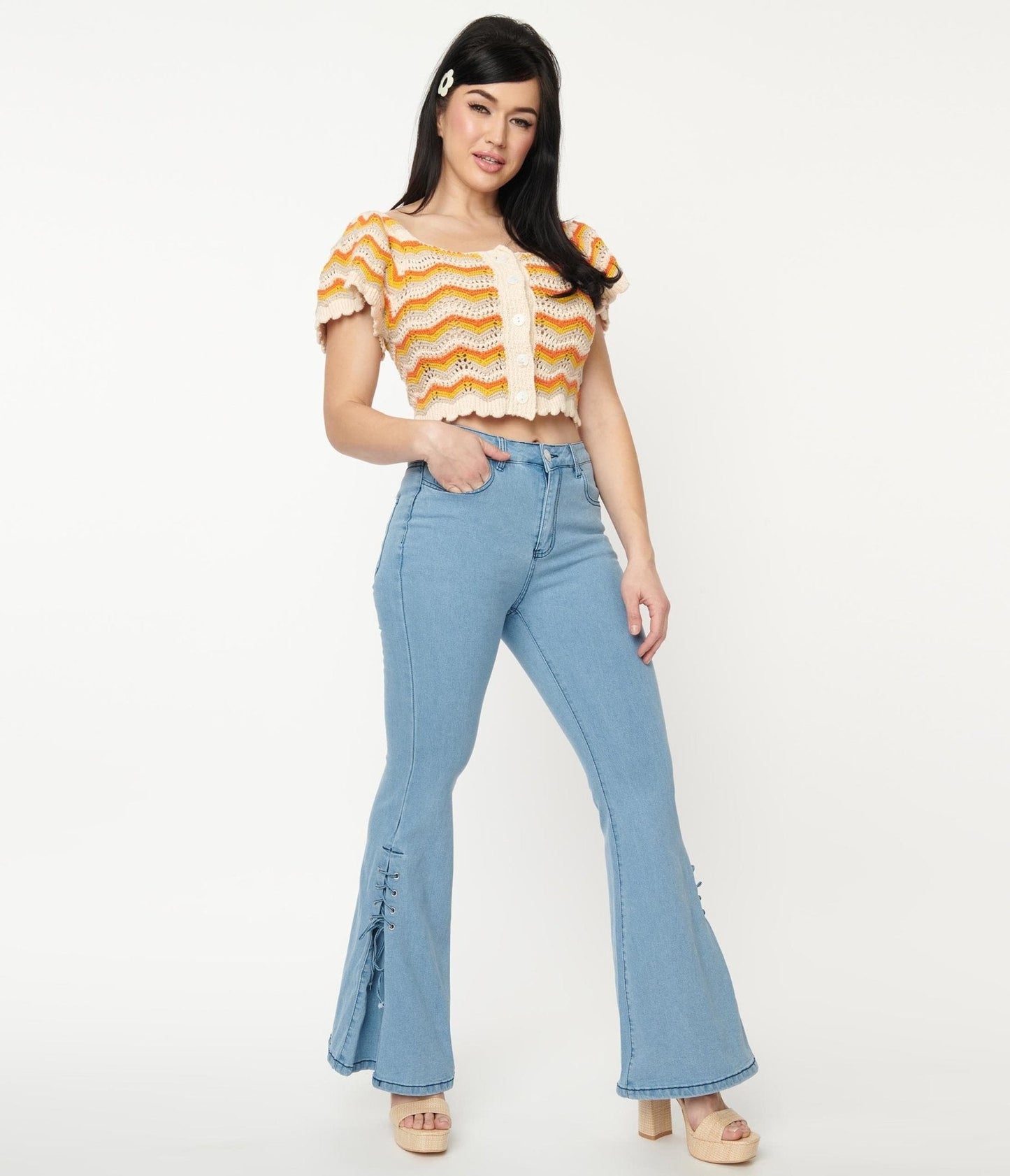 1970s Light Blue Lace Accent Flare Jeans