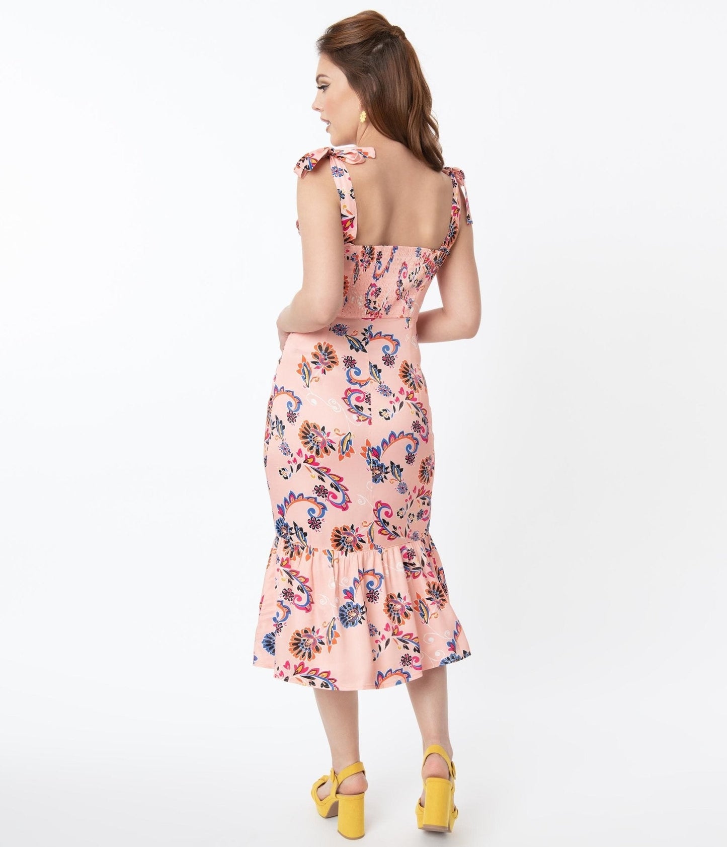 1940s Light Pink & Paisley Floral Print Devika Pencil Dress