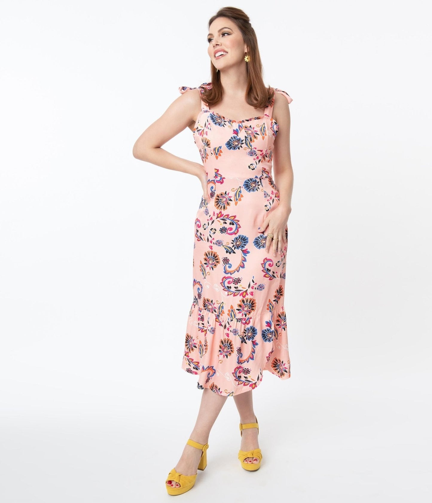 1940s Light Pink & Paisley Floral Print Devika Pencil Dress