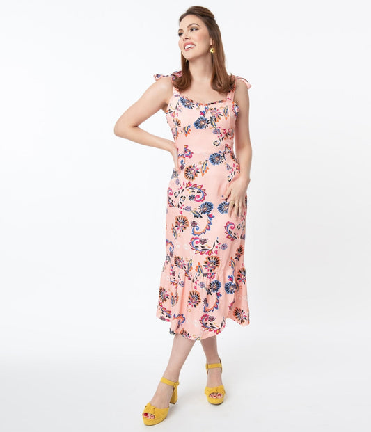 1940s Light Pink & Paisley Floral Print Devika Pencil Dress
