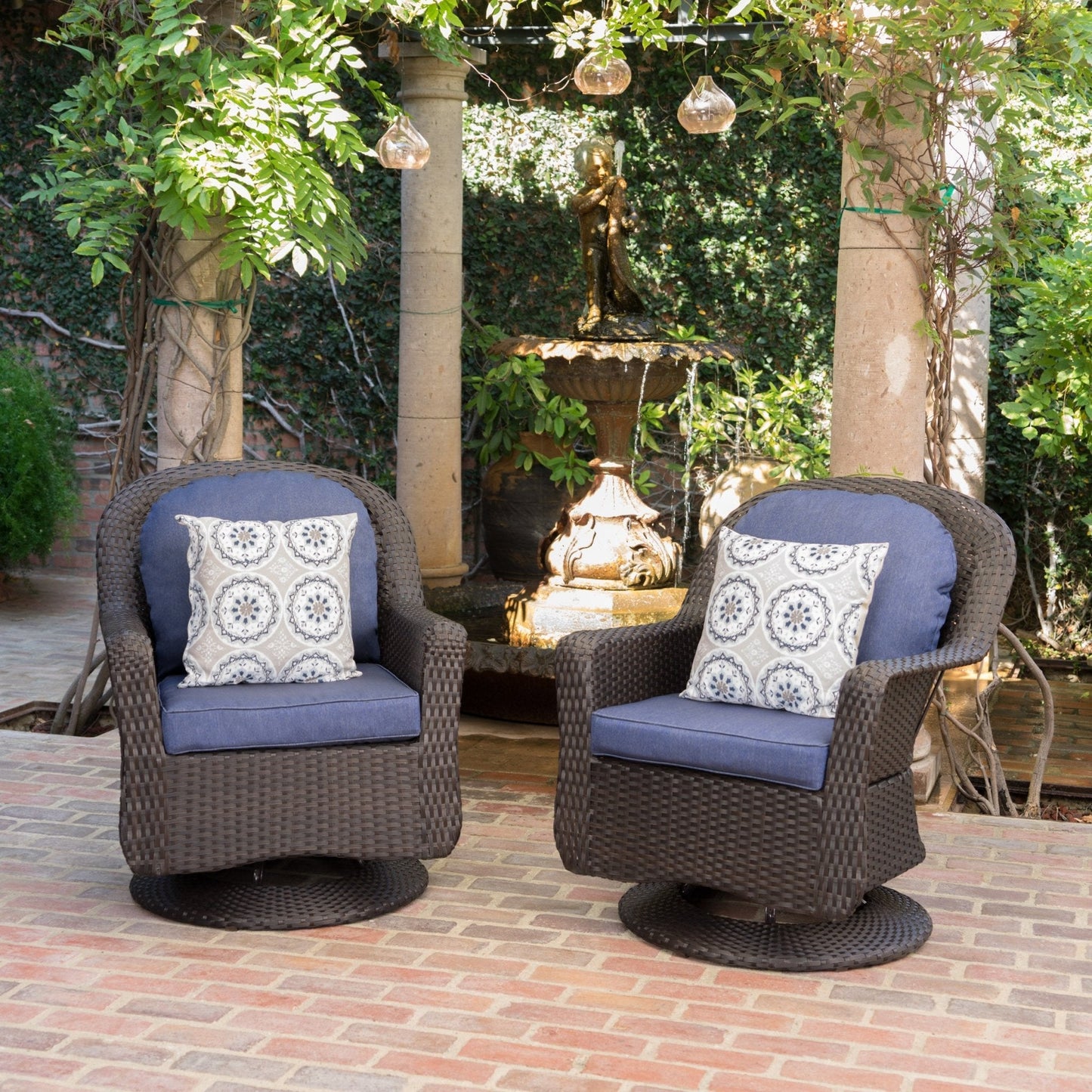 Luminous Outdoor Rattan Swivel Club Chair with Water-Resistant Cushion, Set of 2