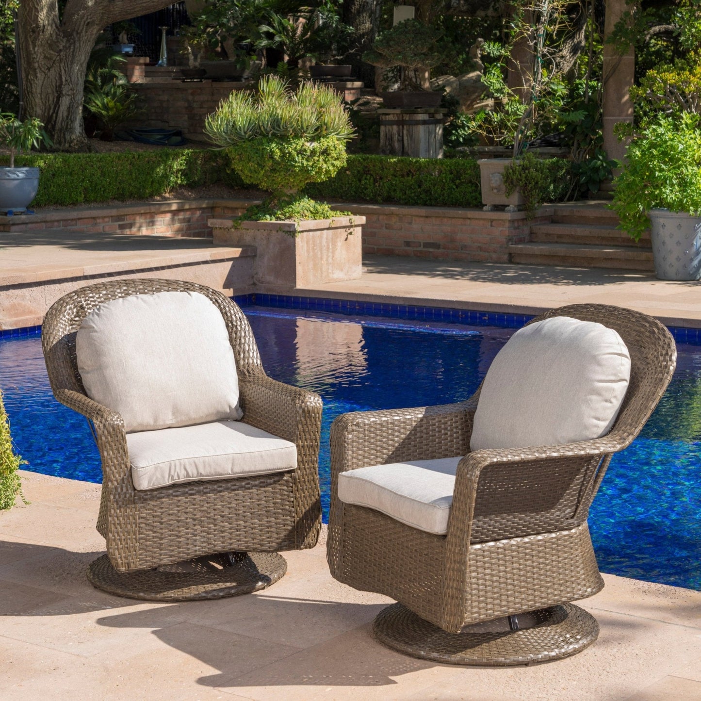 Luminous Outdoor Rattan Swivel Club Chair with Water-Resistant Cushion, Set of 2