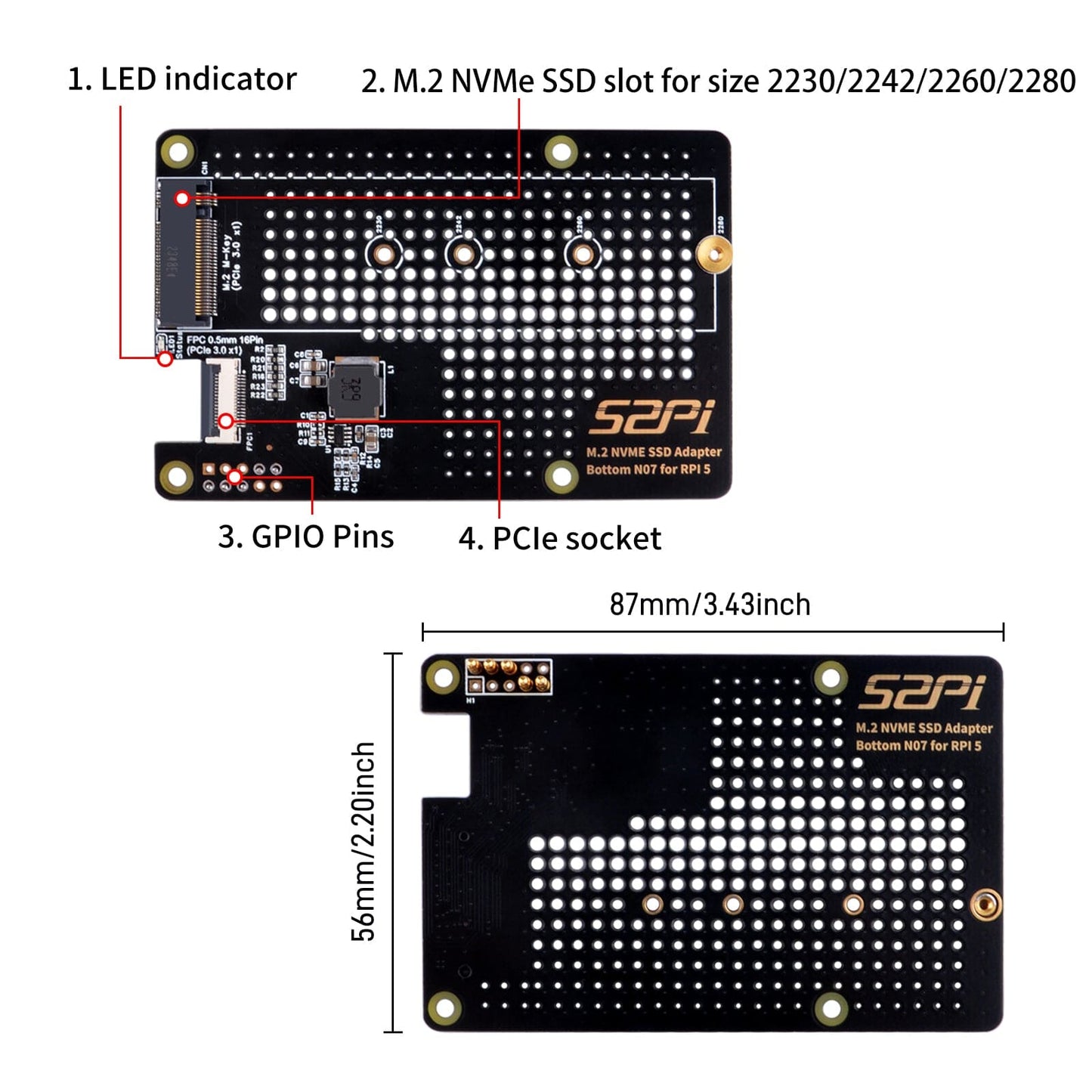 M.2 2280 NVMe PCIe Bottom for Raspberry Pi 5 (N07)