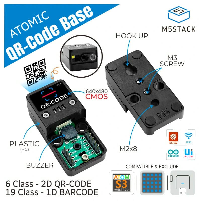 M5Stack ATOMIC (W/O Atom Lite) 2D/1D Barcode Scanner Base