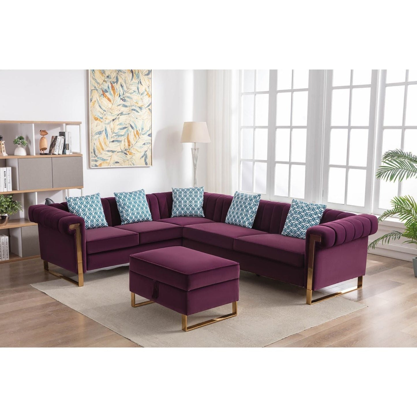 Maddie Purple Velvet 6 Seater Sectional Sofa with Storage Ottoman and 5 Pillows