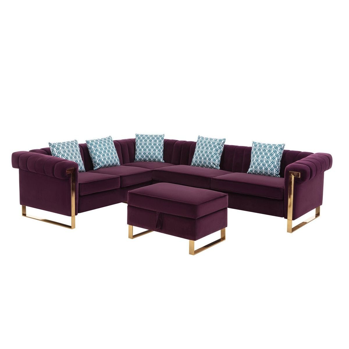 Maddie Purple Velvet 6 Seater Sectional Sofa with Storage Ottoman and 5 Pillows