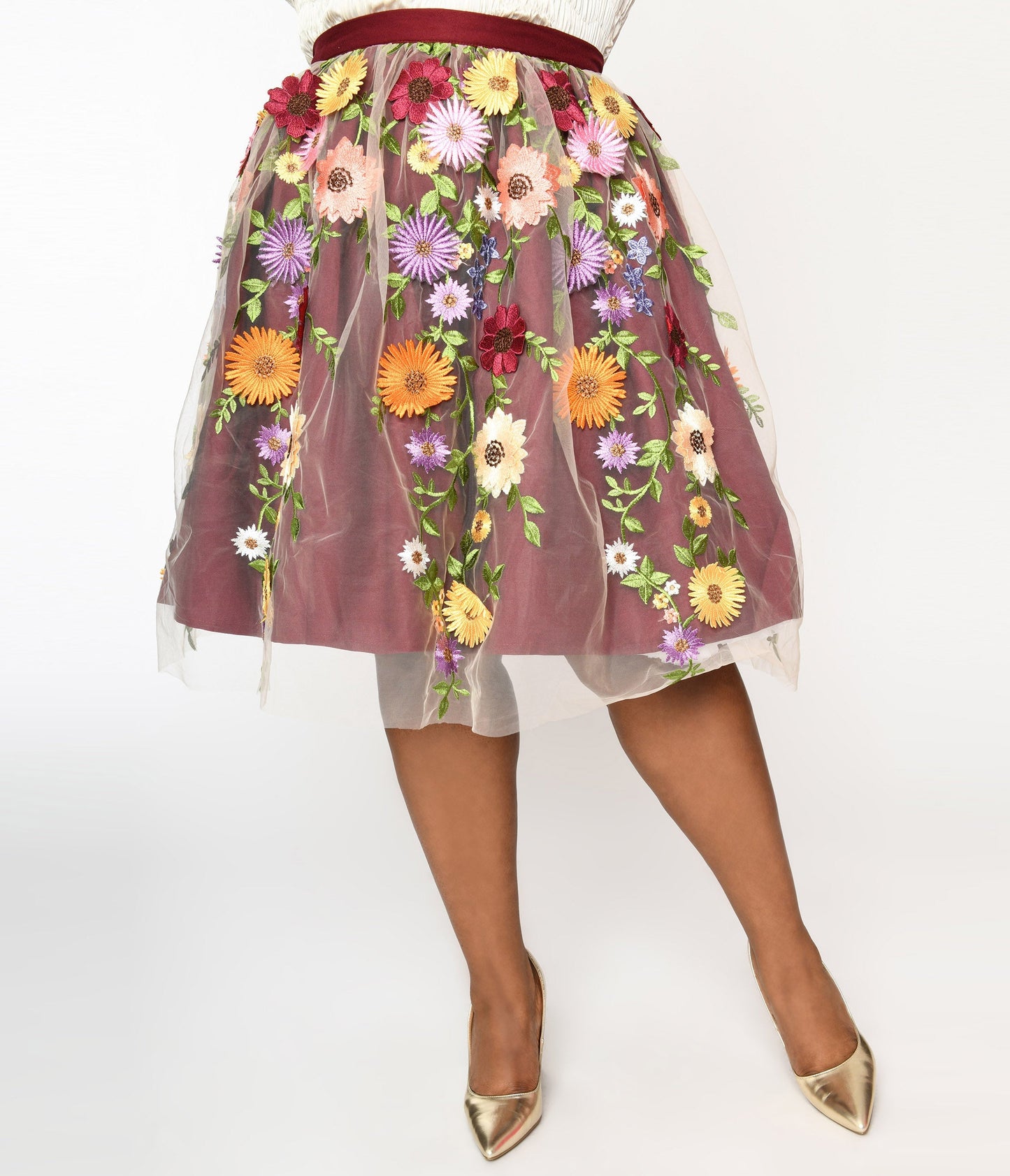 Magnolia Place Burgundy Flower Party Swing Skirt