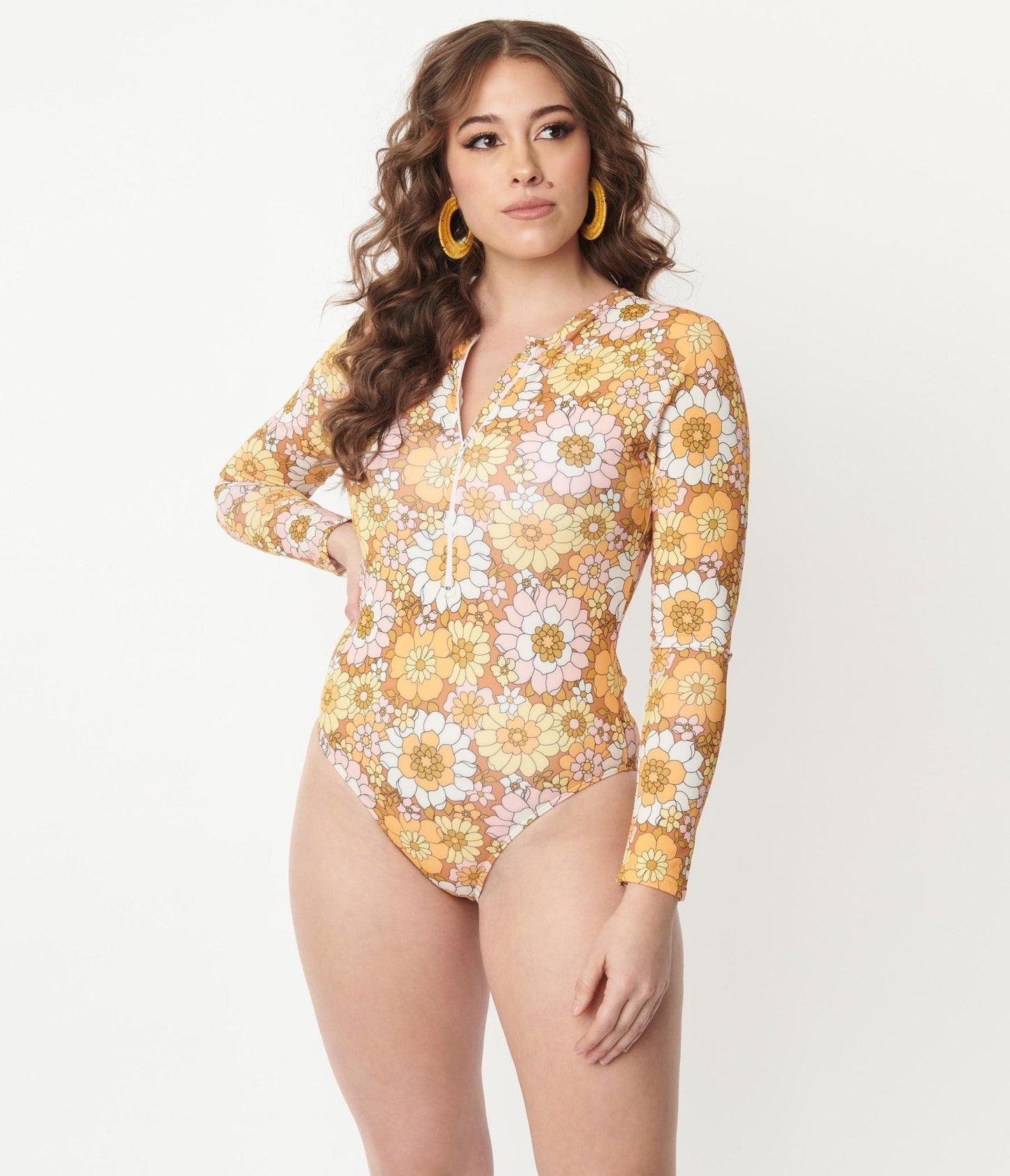 Magnolia Place Mustard Floral Print Long Sleeve Swimsuit