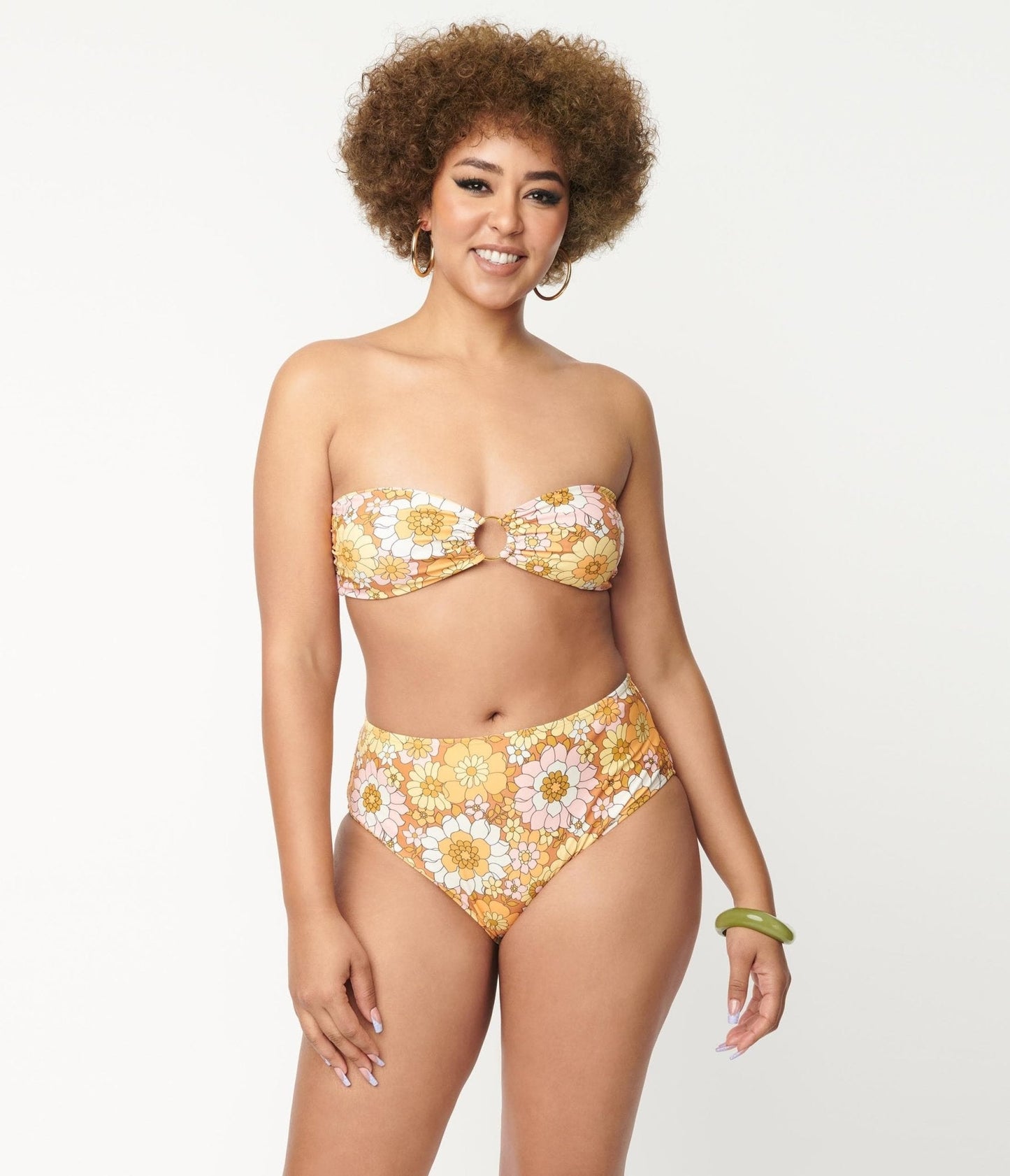 Magnolia Place 1970s Mustard Floral Print Two Piece Swimsuit
