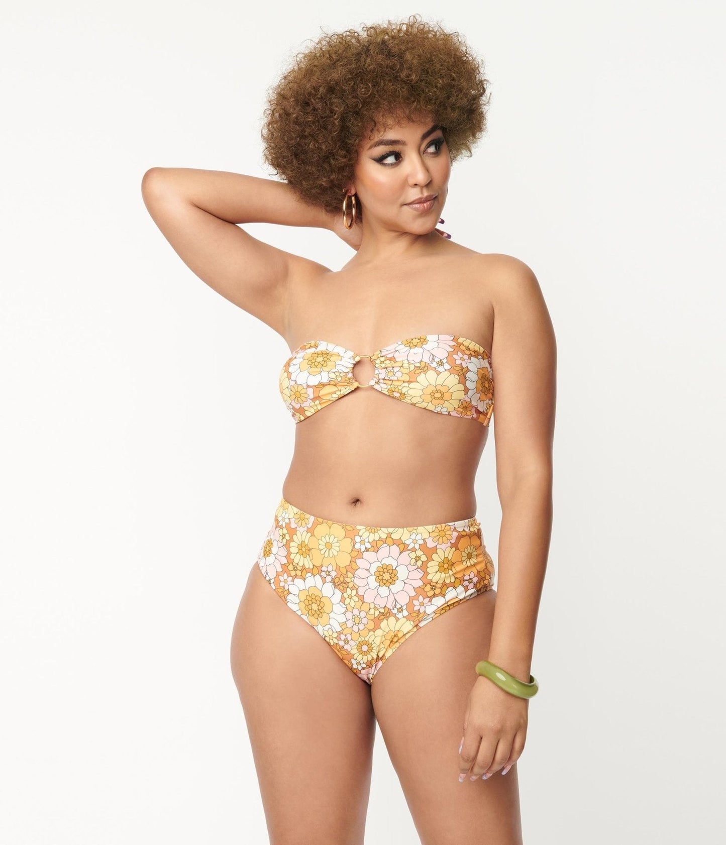 Magnolia Place 1970s Mustard Floral Print Two Piece Swimsuit